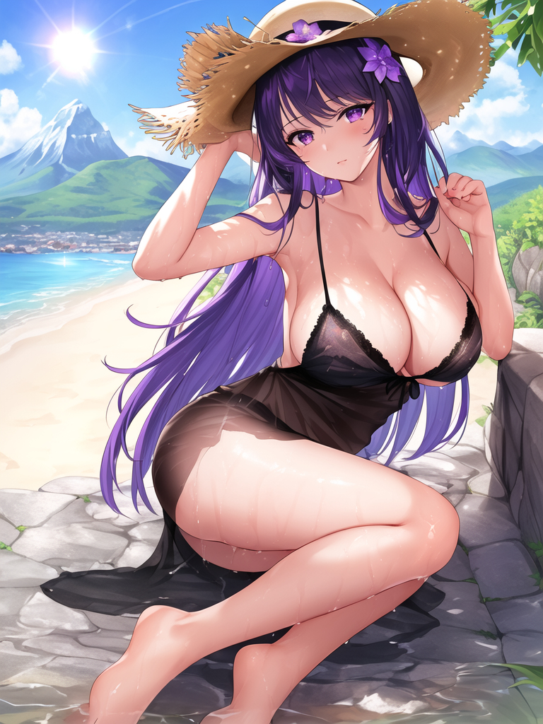 1girls, ai generated, beach, curvaceous, curvy body, curvy female, curvy figure, dress, female, genshin impact, hair braid, hi res, lingerie, long hair, mihoyo, raiden shogun, seductive look, solo, solo female, solo focus, stable diffusion, underwear, violet hair, wet