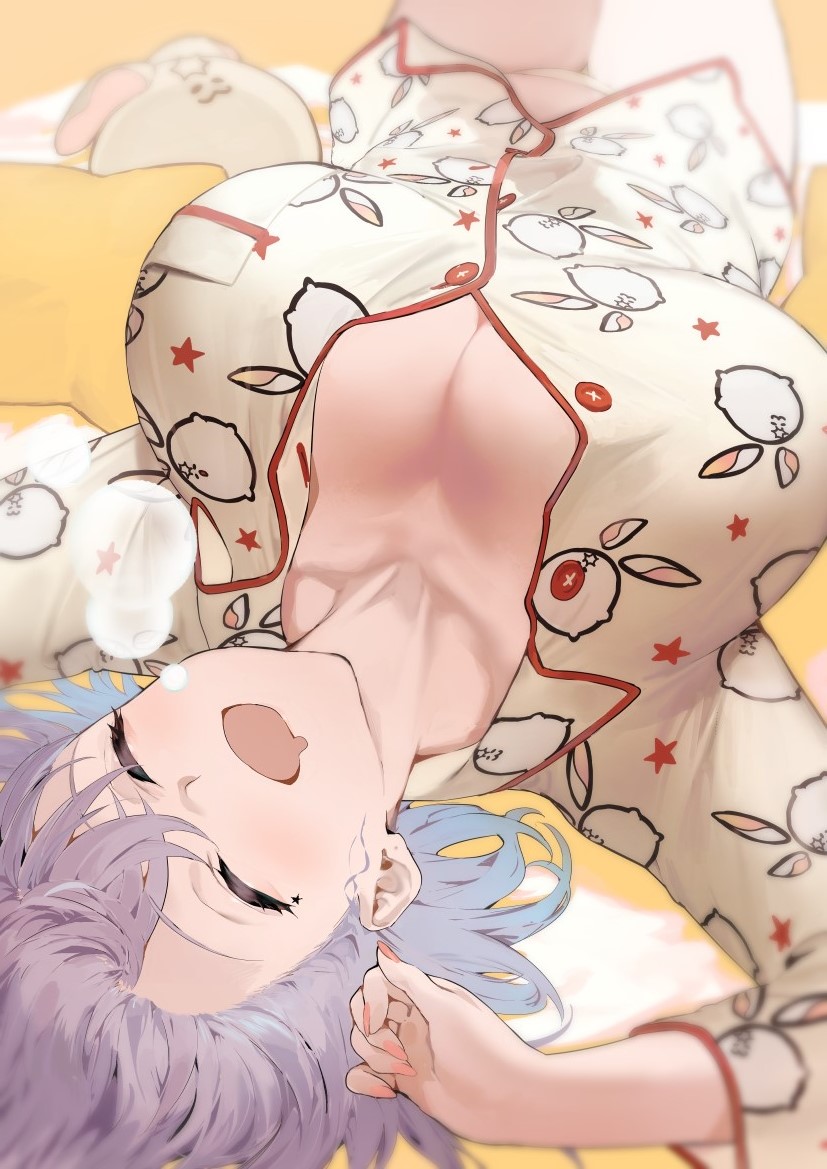 blue_hair breasts cleavage closed_eyes drooling female iku_(ikuchan_kaoru) ikuchan_kaoru_(character) indie_virtual_youtuber large_breasts lying on_back open_mouth pajamas short_hair sleeping solo star_(symbol) star_print star_tattoo tattoo upside-down virtual_youtuber