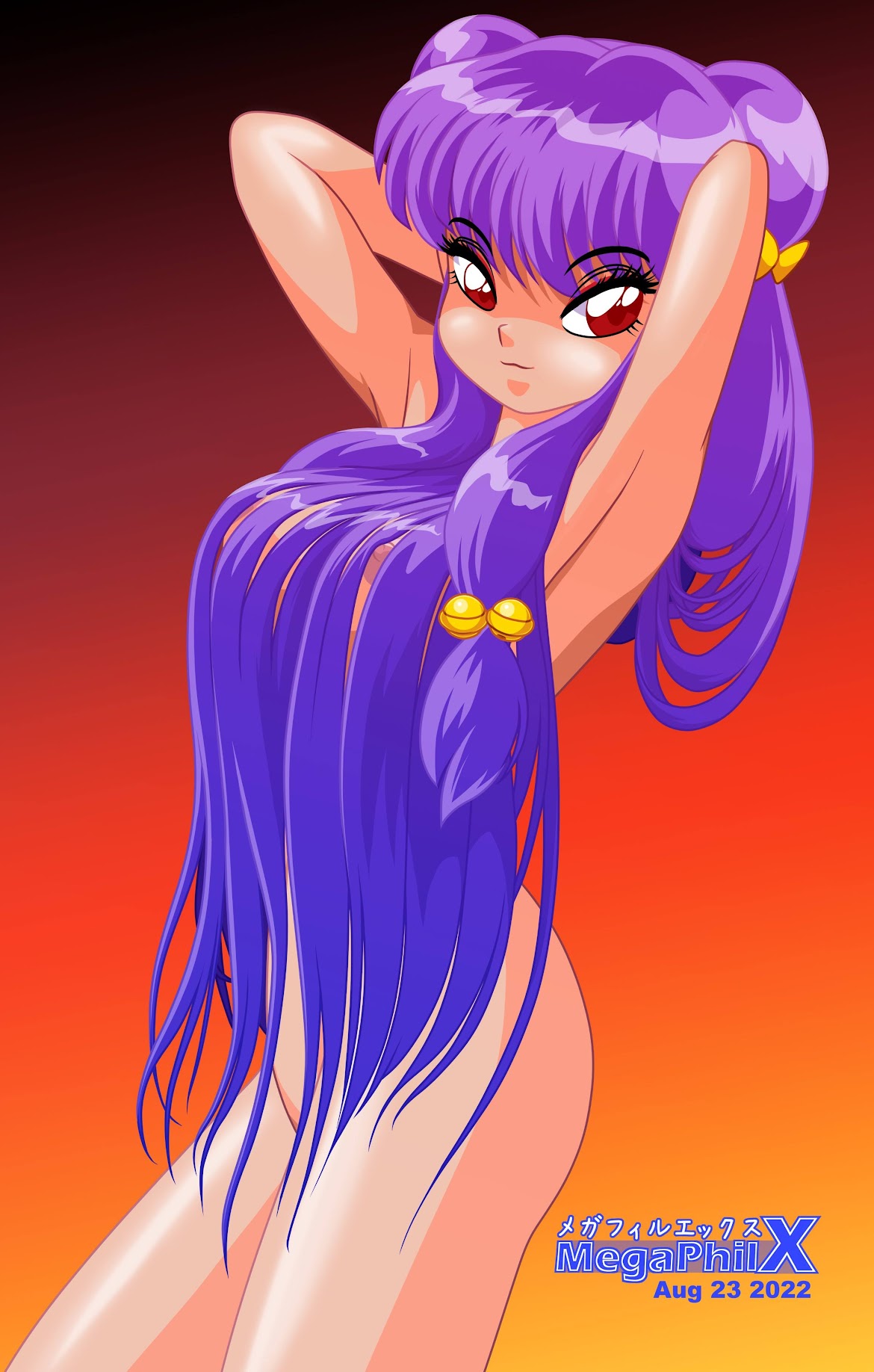 1girls blue_hair breasts fire_background godiva_hair hair_covering_breasts hand_in_hair hands_behind_head light-skinned_female long_hair looking_at_viewer megaphilx naked naked_female nipple_peek nipples nude nude_female purple_hair ranma_1/2 red_eyes shampoo_(ranma_1/2) solo solo_female solo_focus standing