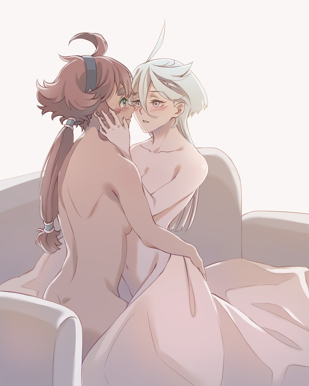 2girls, ahoge, blanket, blush, breasts, canon couple, color, completely nude, dimples of venus, female, female only, genryuu nidhogg, green eyes, grey eyes, gundam, gundam suisei no majo, hair ornament, hand on another's face, headband, looking at another, married couple, miorine rembran, nude, ponytail, red hair, romantic, romantic couple, sideboob, smile, suletta mercury, white background, white hair, wholesome, wife and wife, yuri