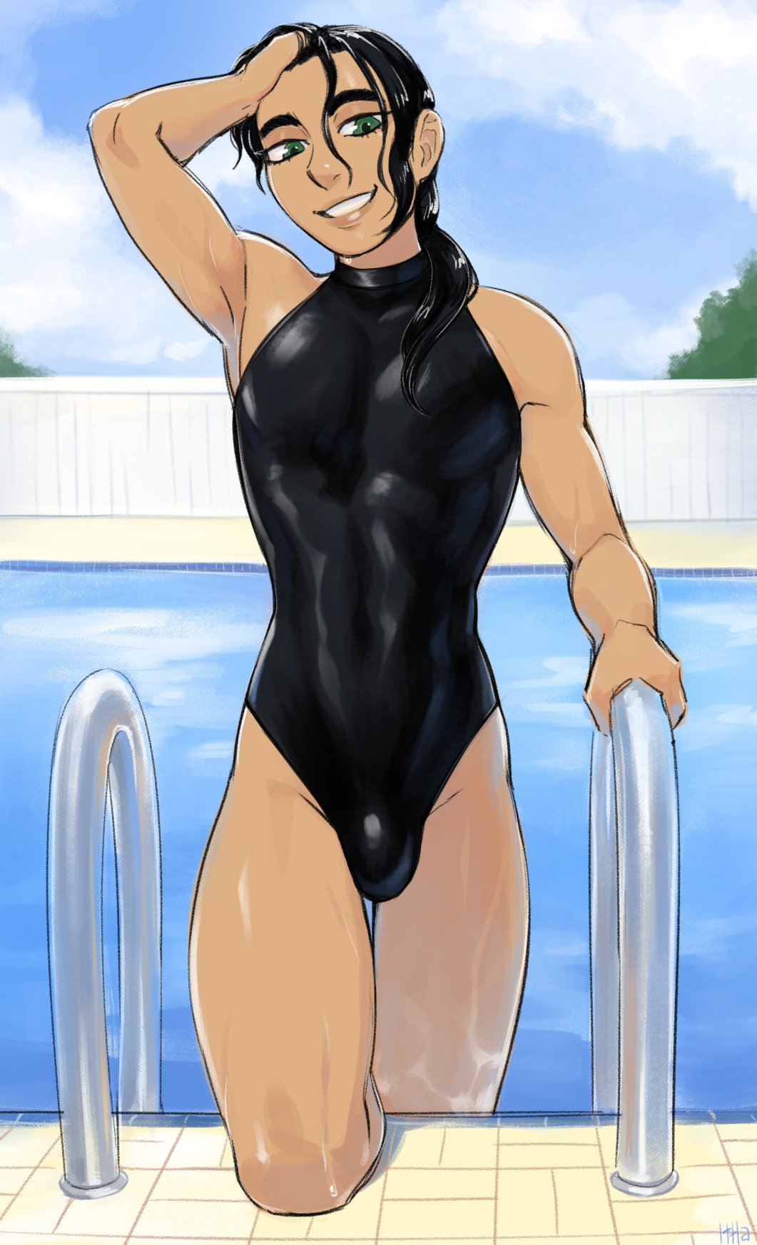 1boy, black hair, bulge, commission, green eyes, hi res, ittla, long hair, looking at viewer, male, male only, one-piece swimsuit, penis, penis bulge, pool, poolside, smiling, smiling at viewer, solo, swimsuit, teeth showing, toned