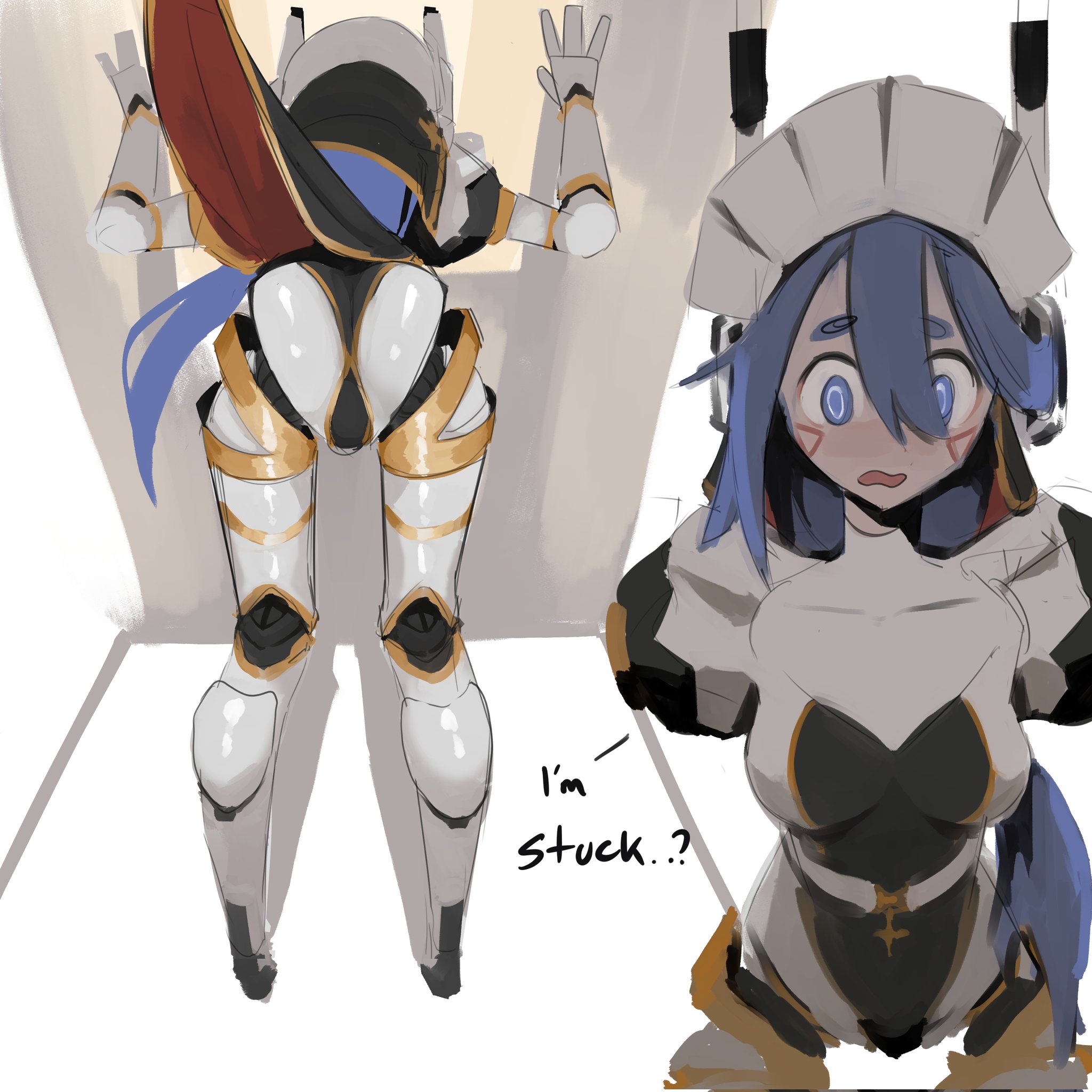 bent over, breasts, female, nun, pea0321, robo-maid-nun (pea0321), robot girl, robot humanoid, stuck