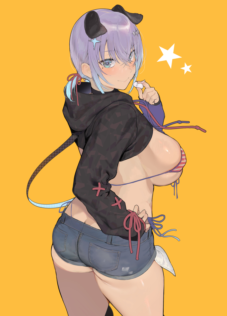 american_flag_bikini animal_ears ass ass_cleavage bad_id bad_pixiv_id bikini blue_eyes blush breasts butt_crack colored_skin commentary_request cropped_jacket denim denim_shorts drawstring female flag_print from_behind hair_ornament hair_ribbon hood hood_down iku_(ikuchan_kaoru) ikuchan_kaoru_(character) indie_virtual_youtuber large_breasts looking_at_viewer looking_back multicolored_skin pocket purple_hair red_ribbon ribbon short_shorts short_twintails shorts sideboob simple_background smile solo star_(symbol) star_hair_ornament string_bikini swimsuit twintails virtual_youtuber yellow_background