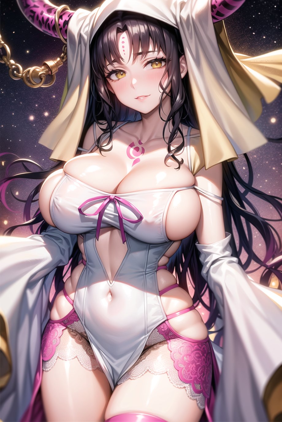 1girls, 2023, ai generated, anime nose, black hair, breasts, fate (series), fate/grand order, female, hips, horned female, horned humanoid, horns, huge breasts, light skin, light-skinned female, long hair, sesshouin kiara, stable diffusion, thick thighs, thighs, wide hips, yellow eyes