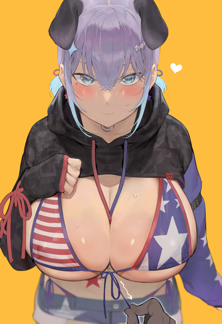 american_flag_bikini bad_id bad_pixiv_id between_breasts bikini blue_shorts blush breasts colored_skin erect_nipples erect_nipples_under_clothes female flag_print hair_between_eyes hair_ornament heart huge_breasts iku_(ikuchan_kaoru) ikuchan_kaoru_(character) indie_virtual_youtuber large_breasts looking_at_viewer mole mole_under_eye multicolored_skin nipple_bulge purple_hair revision short_hair short_shorts shorts simple_background slut solo_focus star_(symbol) star_hair_ornament sweat swimsuit thong upper_body virtual_youtuber yellow_background