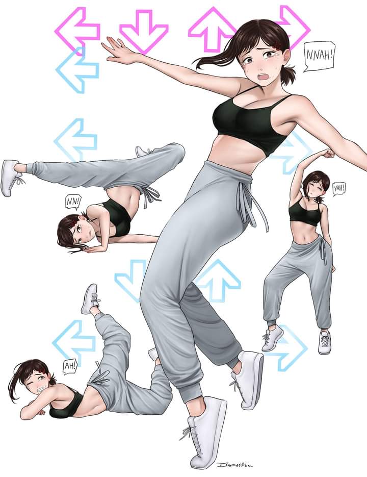 1girls black_bra bra chainsaw_man crop_top crying cute dance_dance_revolution dancing dismaiden embarassed grey_pants higashiyama_kobeni looking_at_viewer not_porn open_mouth simple_background solo_female sweatpants tagme text tied_hair white_shoes