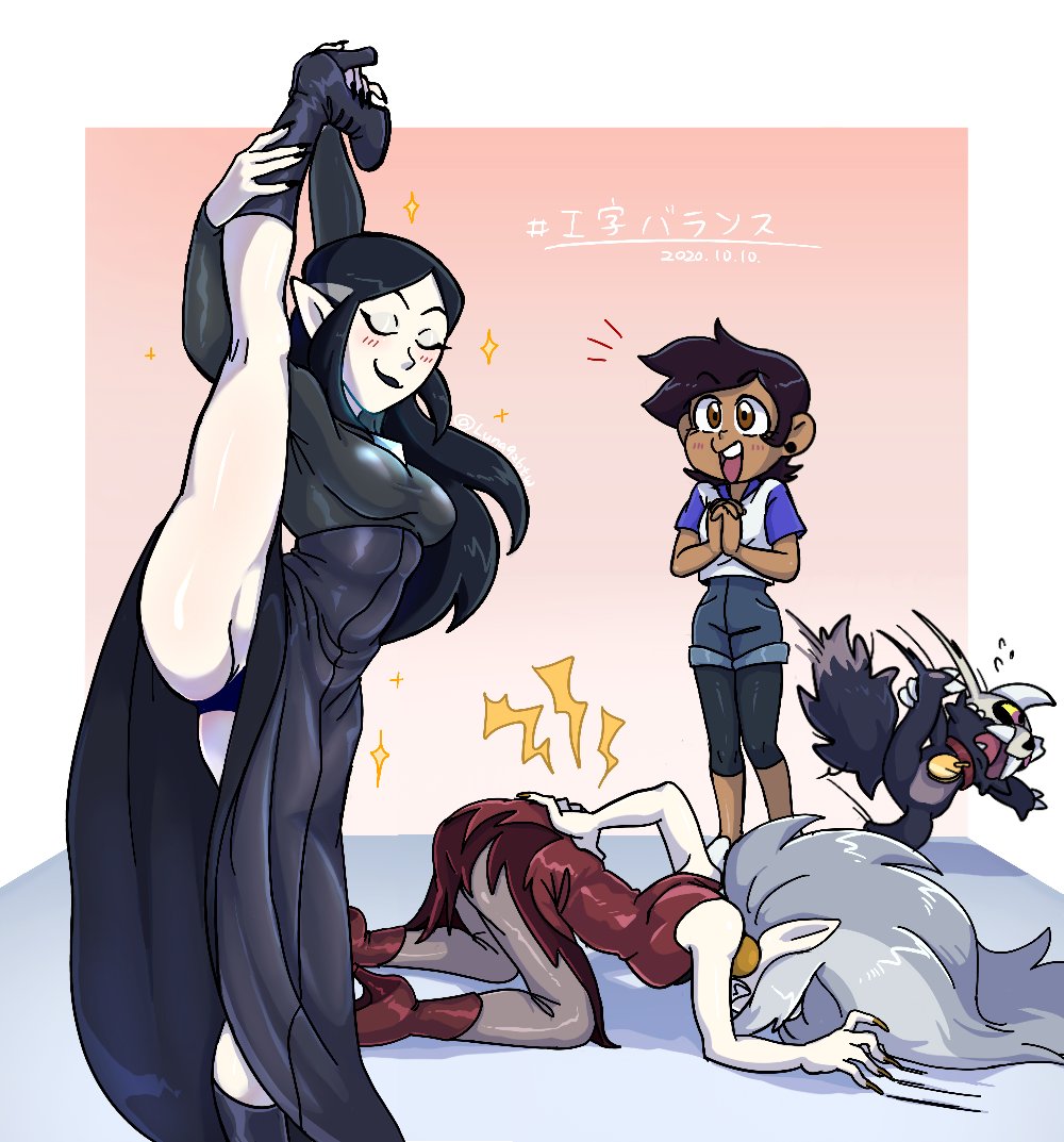 3girls, black hair, blue panties, blush, breasts, clothing, dark skin, dark-skinned female, disney, disney channel, dress, eda clawthorne, female, flexible, footwear, high heel boots, high heels, human, king clawthorne, latina, leg lift, light skin, light-skinned female, lilith clawthorne, luna926tw, luz noceda, one leg up, panties, pointy ears, short hair, straight hair, streaked hair, stretching, the owl house, white skin
