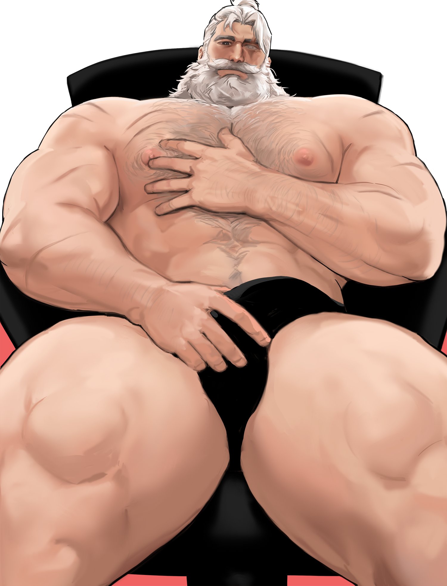 1boy, bara, bulge, chest hair, dopq, erection, male, male only, muscular, muscular male, overwatch, reinhardt, solo, solo male, yaoi