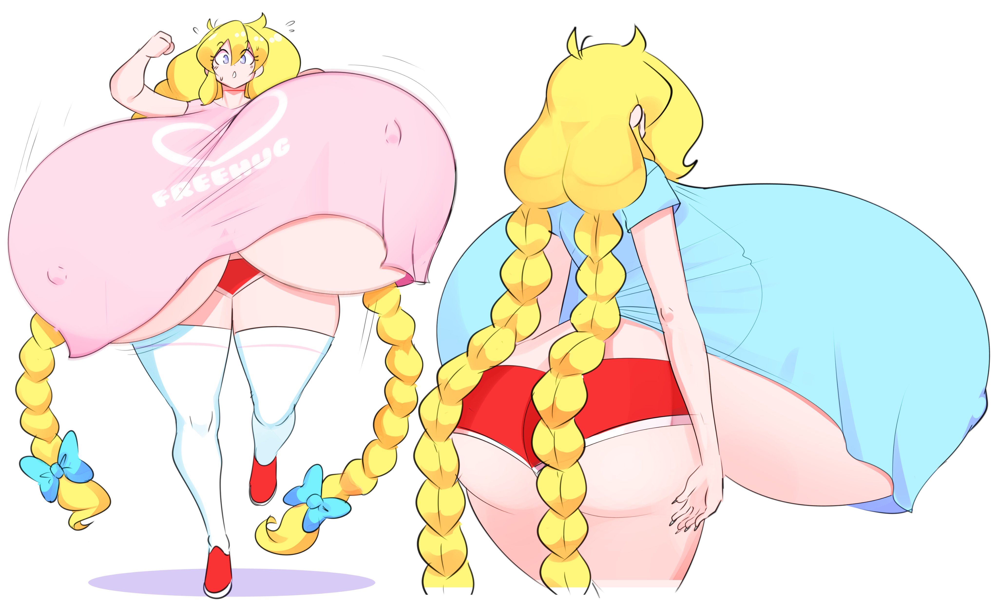1girls, 2023, ass, blonde hair, blue eyes, braided hair, braided twintails, breasts, bubble ass, bubble butt, cassie (theycallhimcake), female, female only, huge ass, huge breasts, hyper, hyper breasts, large ass, light skin, light-skinned female, nipple bulge, shorts, simple background, solo, solo female, solo focus, sweat, sweatdrop, theycallhimcake, top heavy, twintails, underboob, very long hair, white background