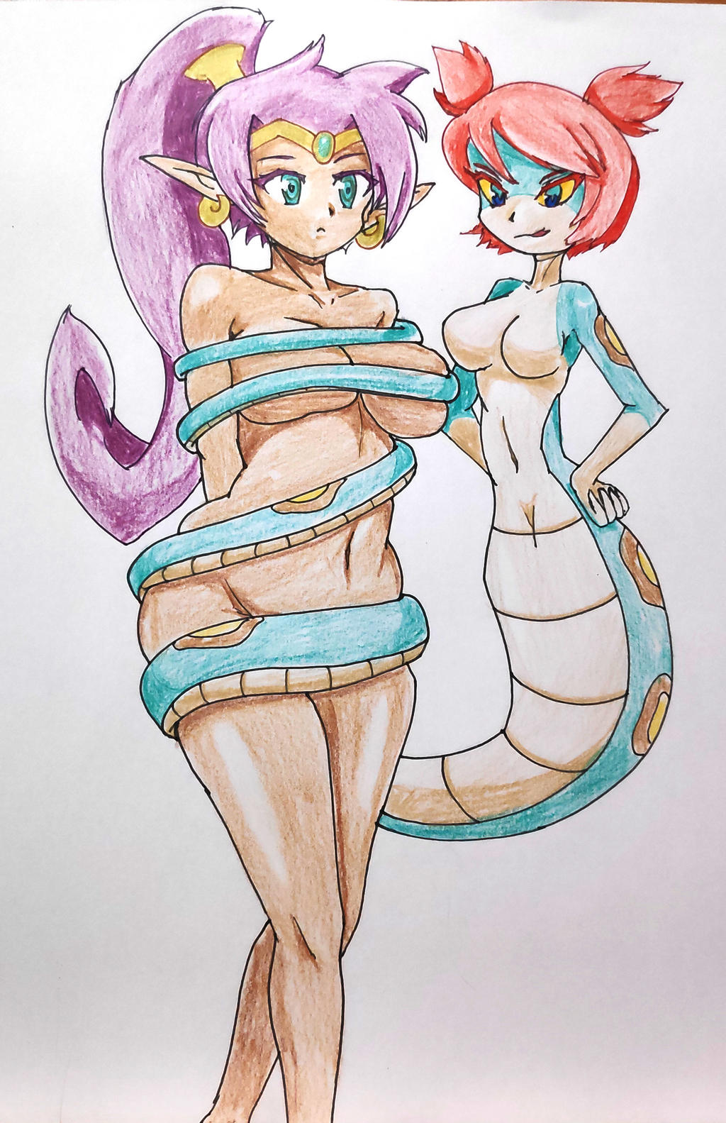 2girls big_breasts coiled coiling colored_sketch female female_only multiple_girls pink_hair purple_hair restrained shantae shantae_(character) smooth_skin tuki_(shantae)