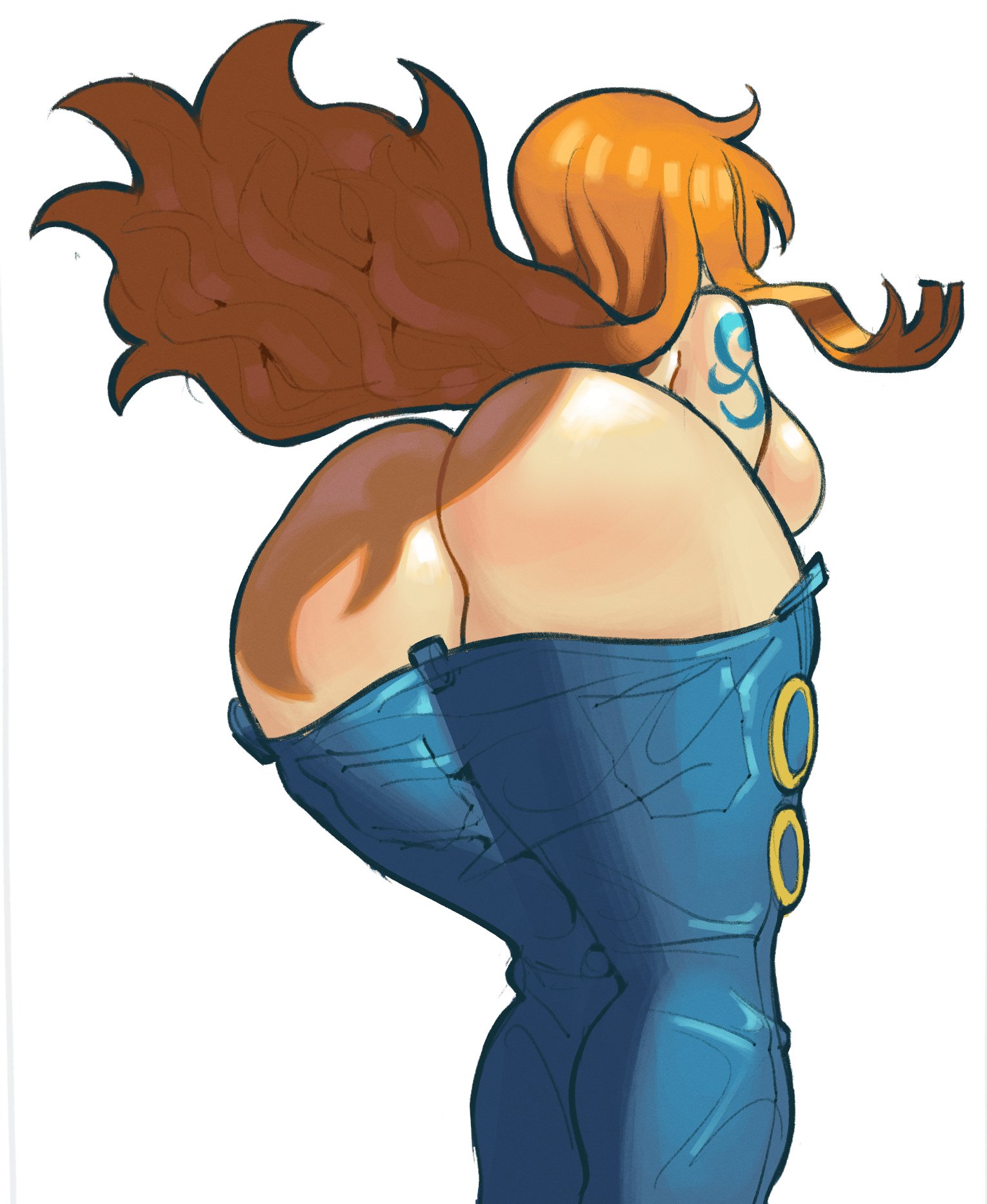 1girls, arm tattoo, ass, blue tattoo, breasts, edu pompom, female, female only, from behind, from below, huge ass, jeans, light skin, light-skinned female, long hair, nami (one piece), one piece, orange hair, orange-haired female, post-timeskip, sideboob, solo, tattoo, thick thighs, white background