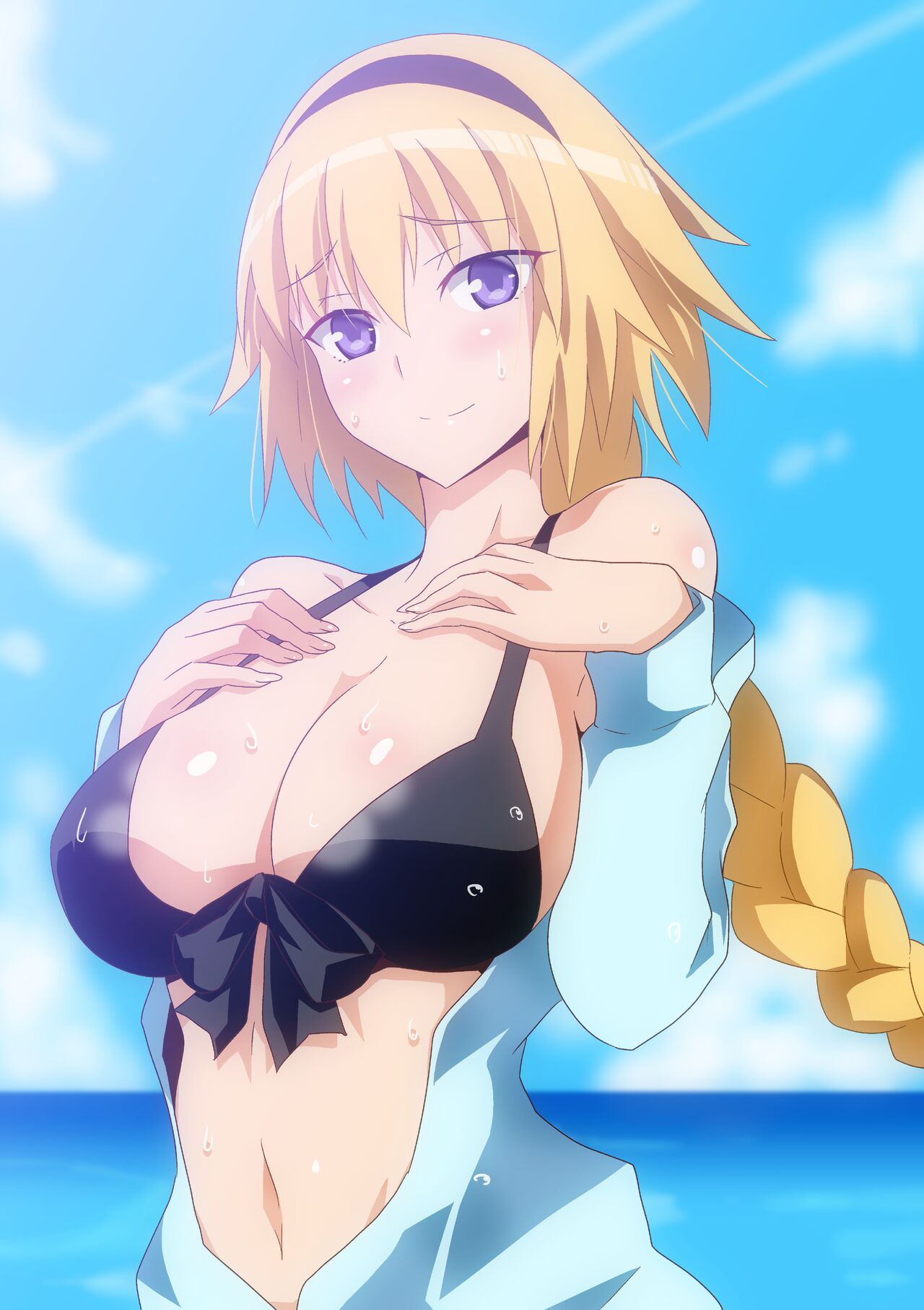 1girls big_breasts blonde_hair blue_eyes blush breasts cum fate/grand_order fate_(series) hand_on_ass hara_(harayutaka) hera_(hara0742) jeanne_d'arc_(fate) jeanne_d'arc_(swimsuit_archer) nipples nude pussy_juice