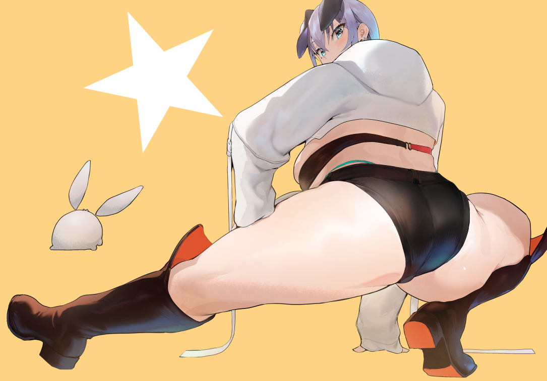 1other, ambiguous gender, animal ears, ass, back, blue eyes, boots, breasts, bubble ass, bubble butt, crop top, denim, denim shorts, dog ears, exercise, female, full body, high heel boots, high heels, hood, hoodie, iku (ikuchan kaoru), ikuchan kaoru (character), indie virtual youtuber, large breasts, looking at viewer, looking back, orange background, original, rabbit, short hair, shorts, simple background, squatting, star (symbol), thighs, virtual youtuber, yellow background