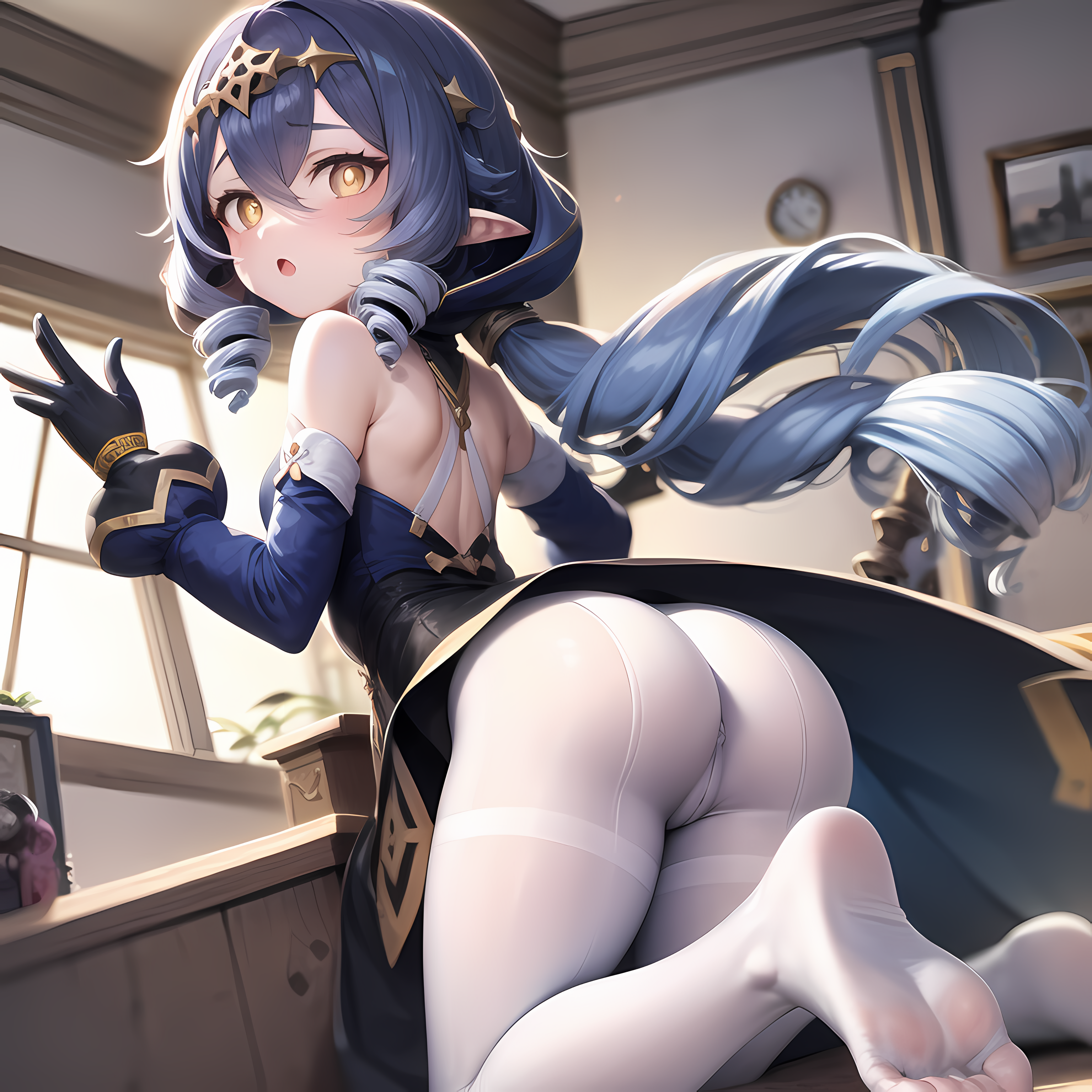ai generated, ass, bare shoulders, blue hair, blue hood, blush, breasts, cameltoe, drill hair, female, from behind, genshin impact, gloves, hood, layla (genshin impact), long hair, looking at viewer, looking back, medium breasts, open mouth, pantyhose, pointy ears, pussy, shiny, shiny clothes, shiny hair, shiny skin, sideboob, solo, twin drills, very long hair, yellow eyes