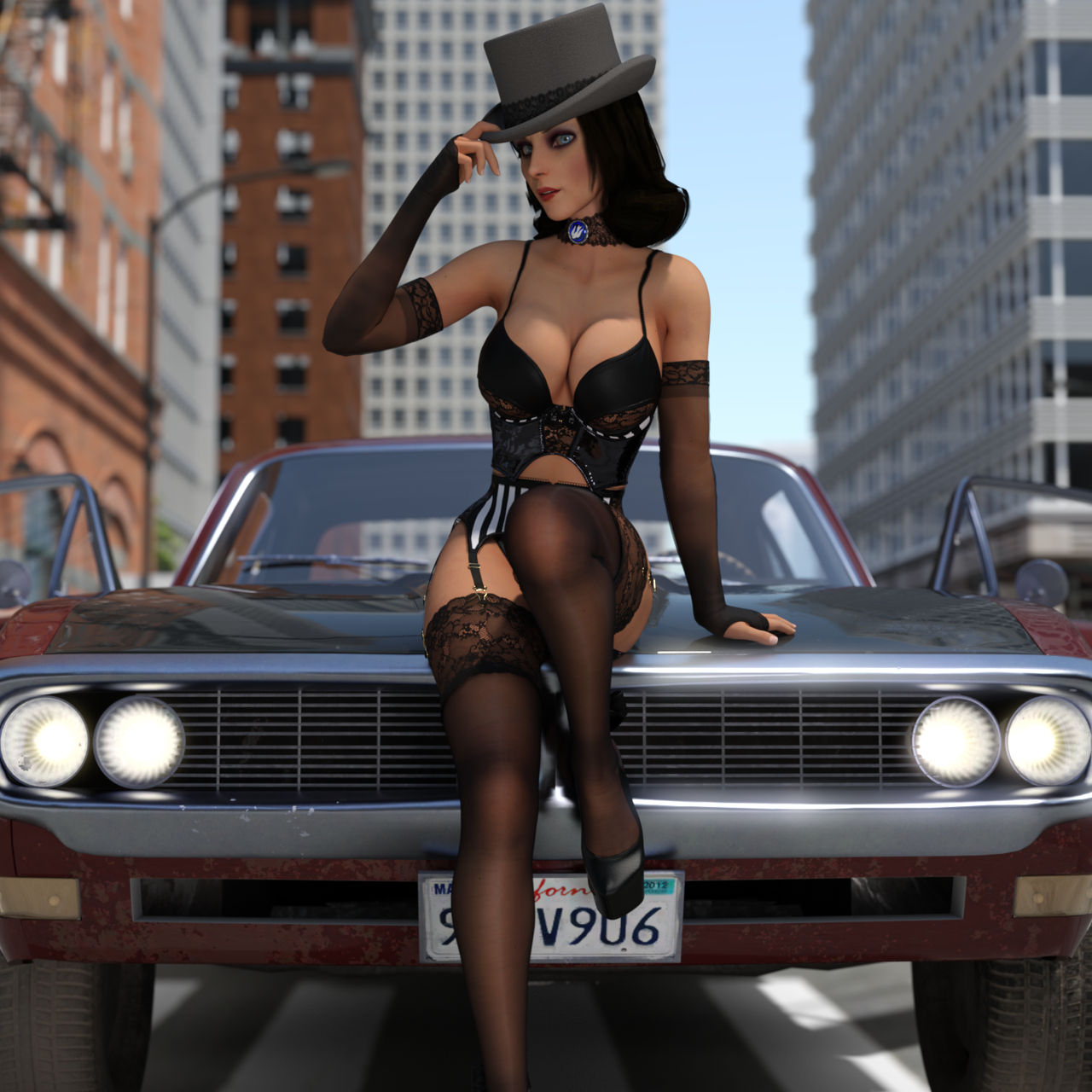 3d akuguara big_breasts bioshock bioshock_infinite black_hair black_lingerie black_stockings blue_eyes breasts bustier busty car choker city cleavage elbow_gloves elizabeth_comstock eyeshadow female female_focus female_only garter_belt garter_straps hat high_heels hourglass_figure lingerie lipstick long_hair makeup nylons outdoors outside pinup pinup_pose sitting stockings tagme wide_hips