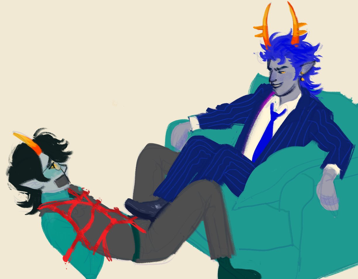 2boys blue_hair blush bondage business_suit clothed consensual couch dress_shoes fantroll glasses homestuck horns karkatfucks koreau_thodar lavish_embezl male maledom malesub mullet original_character piercings pinstripe_pattern pointy_ears robe stepped_on stepping_on_penis suit tape_gag troll workplace yaoi