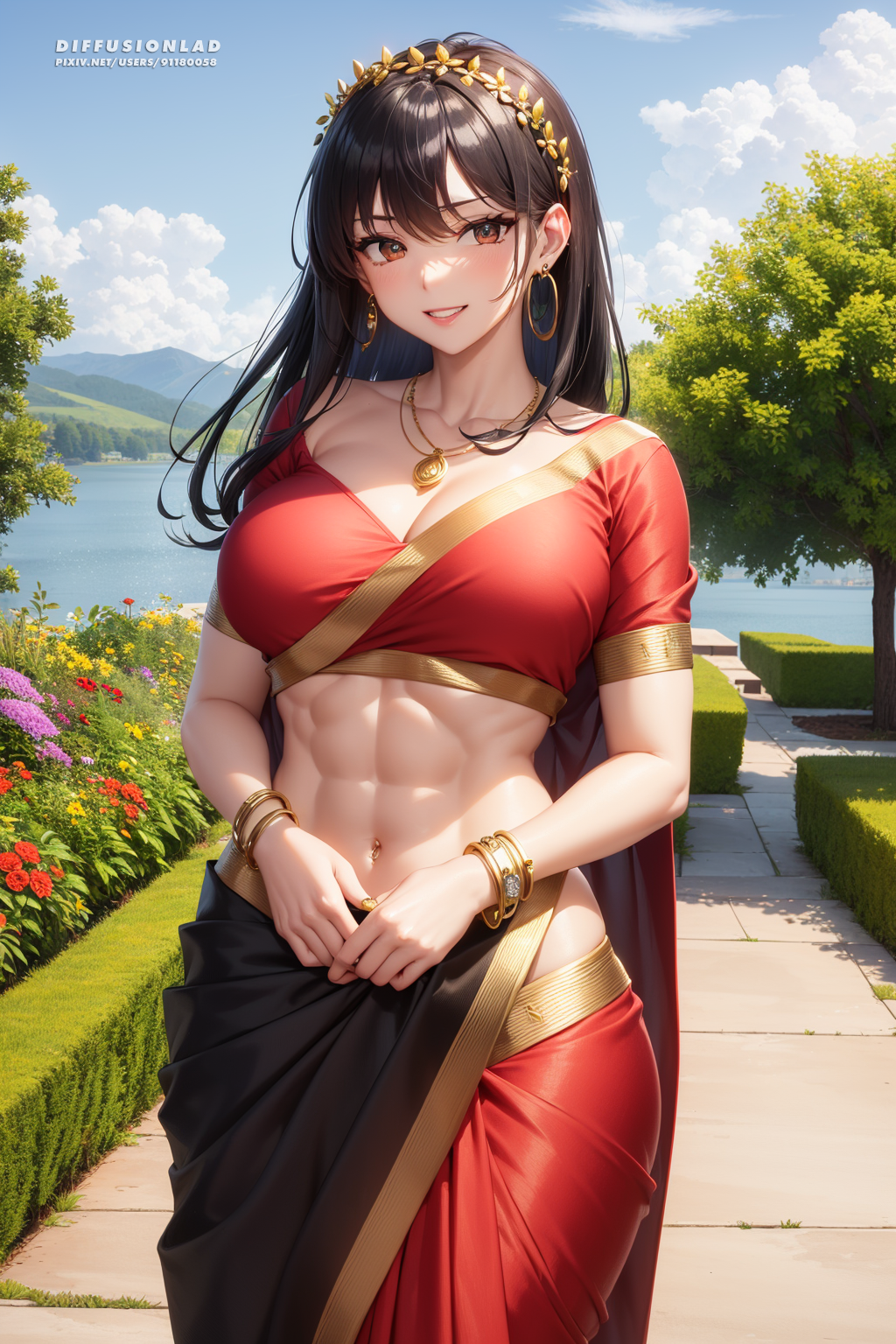 1girls abs ai_generated assassin big_breasts black_hair cleavage detailed_background diffusionlad female female_only garden indian_clothes jewelry lake light-skinned_female midriff muscular_female navel red_eyes sari solo spy_x_family stable_diffusion thorn_princess yor_briar