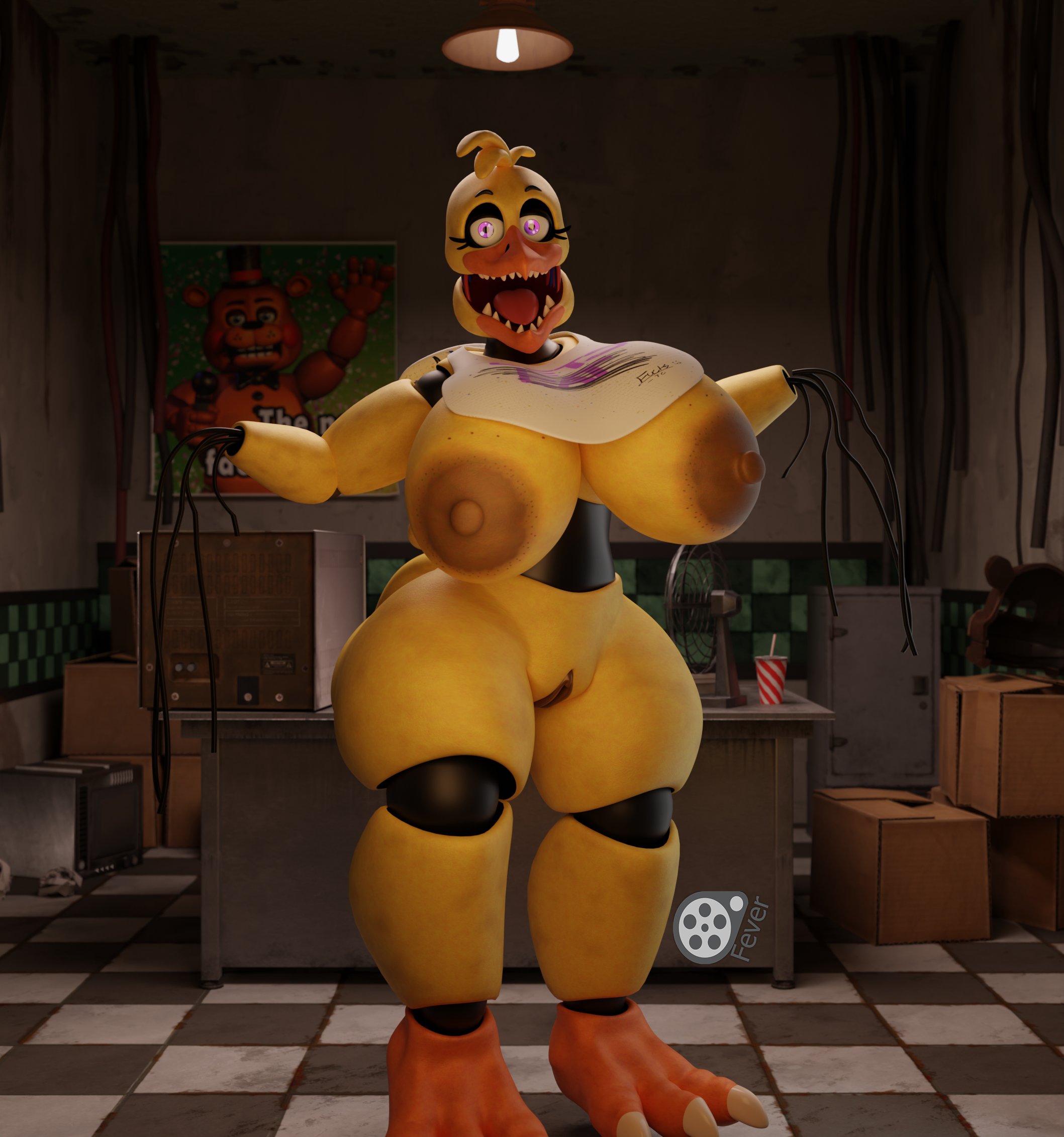 1girls, 3d, animatronic, beak, big breasts, breasts, eyebrows, eyelashes, female, female only, feversfm, five nights at freddy's, five nights at freddy's 2, glowing eyes, joints, large breasts, looking at viewer, naked, naked female, nude, nude female, pink eyes, pussy, solo, solo female, solo focus, thick thighs, thighs, wires, withered chica, withered chica (spacebaron), yellow body, yellow skin