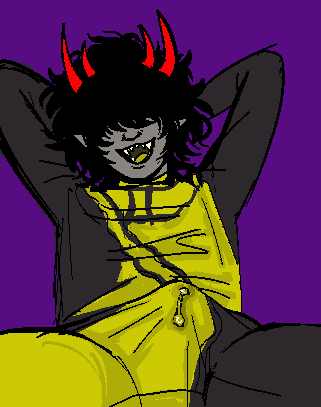 1boy arms_up bodysuit boner boner_in_pants colored_cum cum_through_clothes fangs hands_behind_head homestuck horns karkatfucks mituna_captor troll