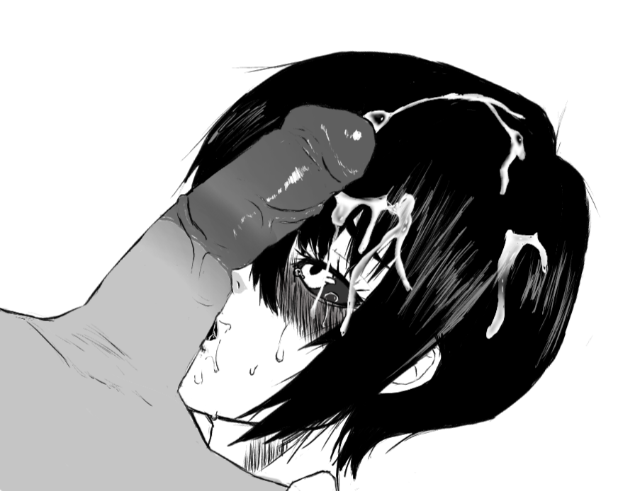 1boy 1girls after_fellatio after_oral black_and_white black_hair black_sclera blush cum_in_hair faceless_male female kengan_(series) kengan_ashura kure_fusui penis_on_face short_hair sweat