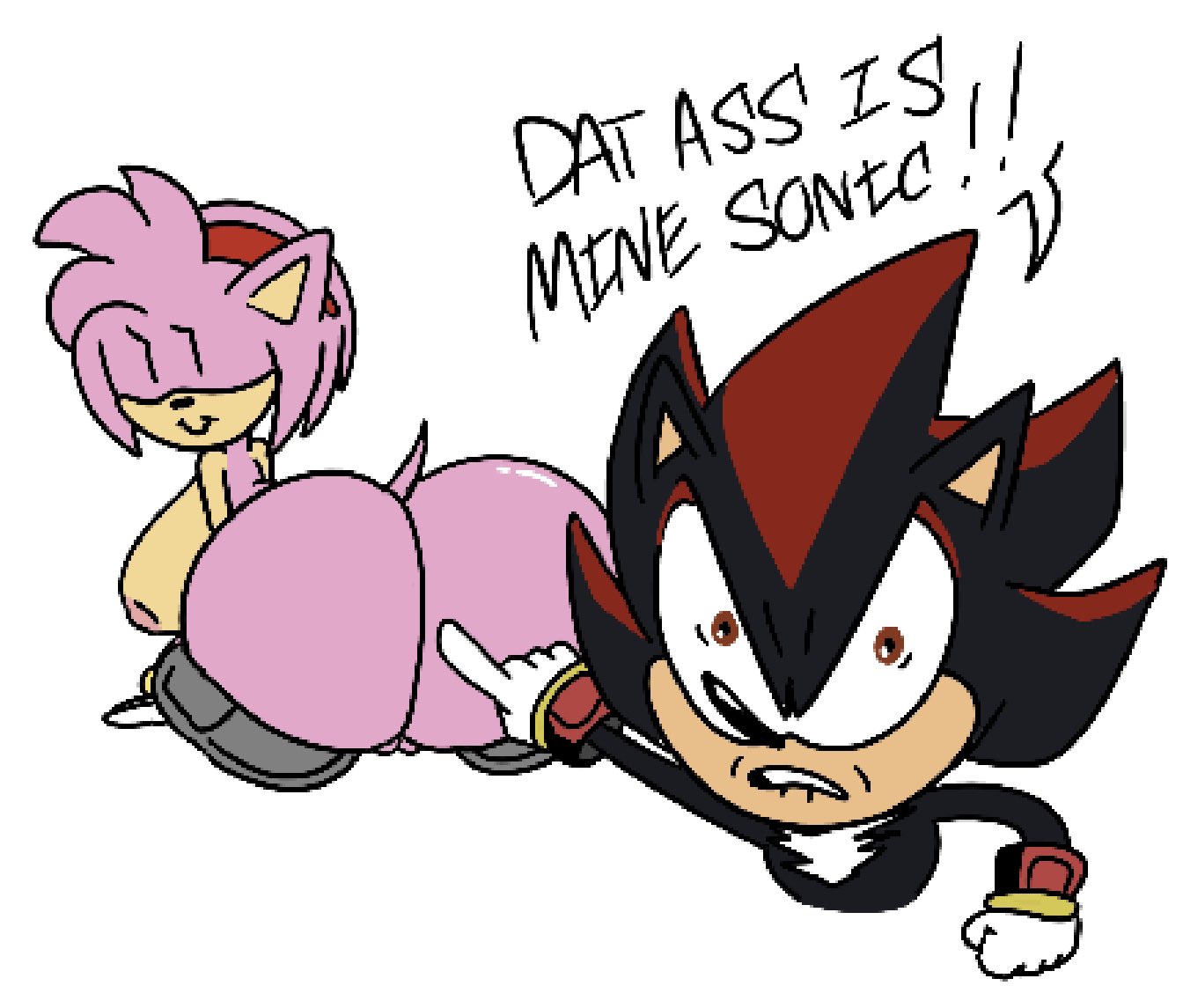 1boy, 1girls, amy rose, ass, big ass, big breasts, big butt, black fur, breasts, bubble ass, bubble butt, female, large ass, large breasts, male, nipples, pink fur, pink nipples, red eyes, shadow the hedgehog, sonic (series), sonic the hedgehog (series), tail, theslashfive, thick ass, white gloves, wide hips
