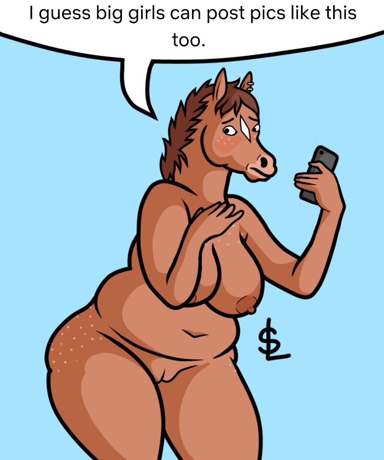 anthro blush bojack_horseman breasts cellphone chubby_female equid equine facial_markings female forehead_mark freckles freckles_on_butt genitals head_markings hollyhock hollyhock_(bojack_horseman) hollyhock_manheim-mannheim-guerrero-robinson-zilberschlag-hsung-fonzerelli-mcquack_(bojack_horseman) horse mammal markings muzzle_(marking) navel netflix nipples nude omochao4(artist) phone pussy selfie slightly_chubby snout snout_markings solo speech_bubble