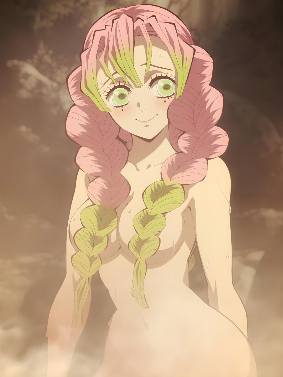 1girls, adult swim, bath, breasts, censored, cleavage, convenient censoring, demon slayer, fanservice, female, female only, green eyes, hot spring, kanroji mitsuri, kimetsu no yaiba, long hair, multicolored hair, naked, nude, official art, onsen, pink hair, pink-haired female, screencap, tagme, toonami