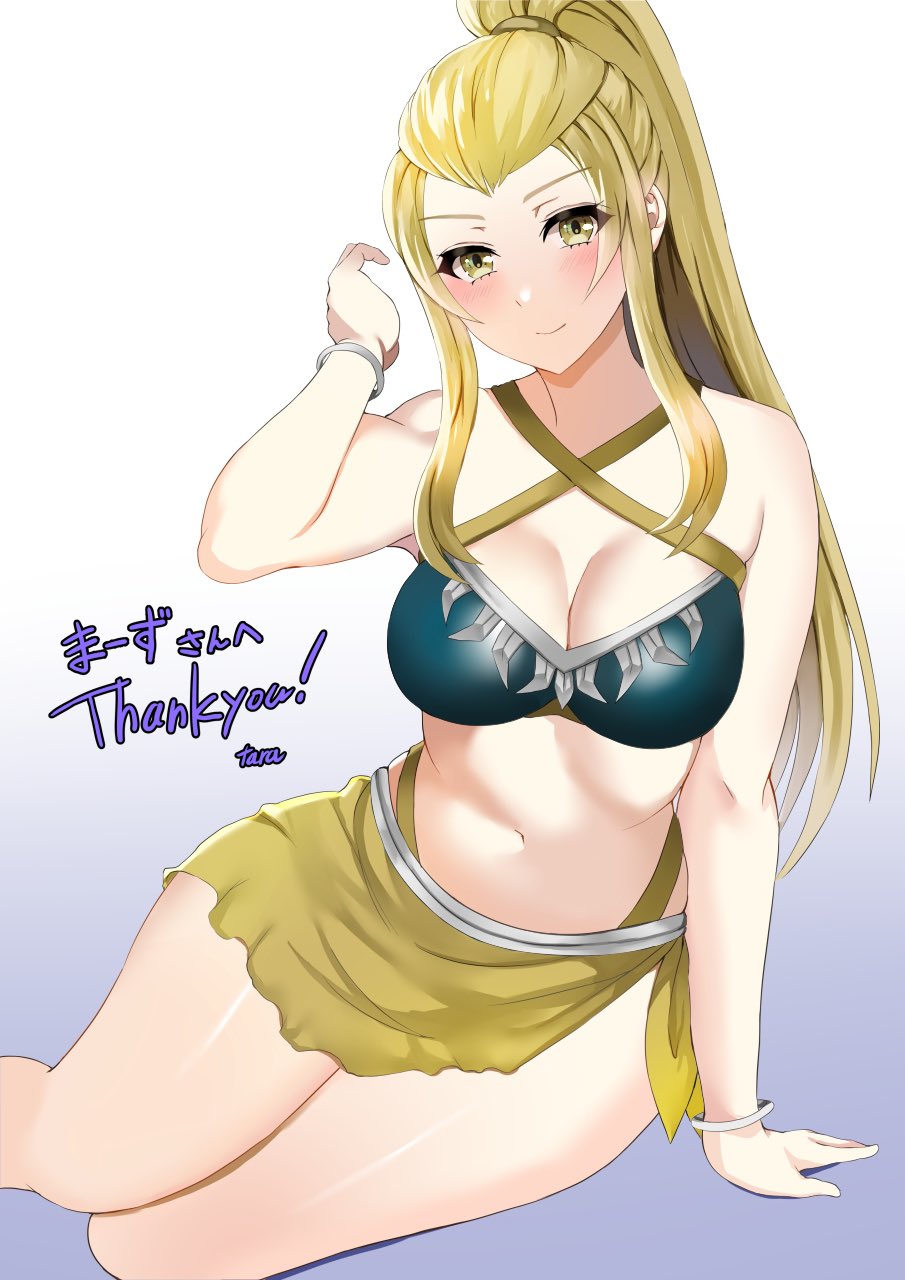 1girls bikini blonde_hair blue_bikini blue_swimsuit breasts cleavage female female_only fire_emblem fire_emblem_engage jade_(fire_emblem) large_breasts long_hair looking_at_viewer nintendo ponytail sarong smile solo swimsuit tara_(szzj7733) yellow_bikini yellow_eyes yellow_swimsuit