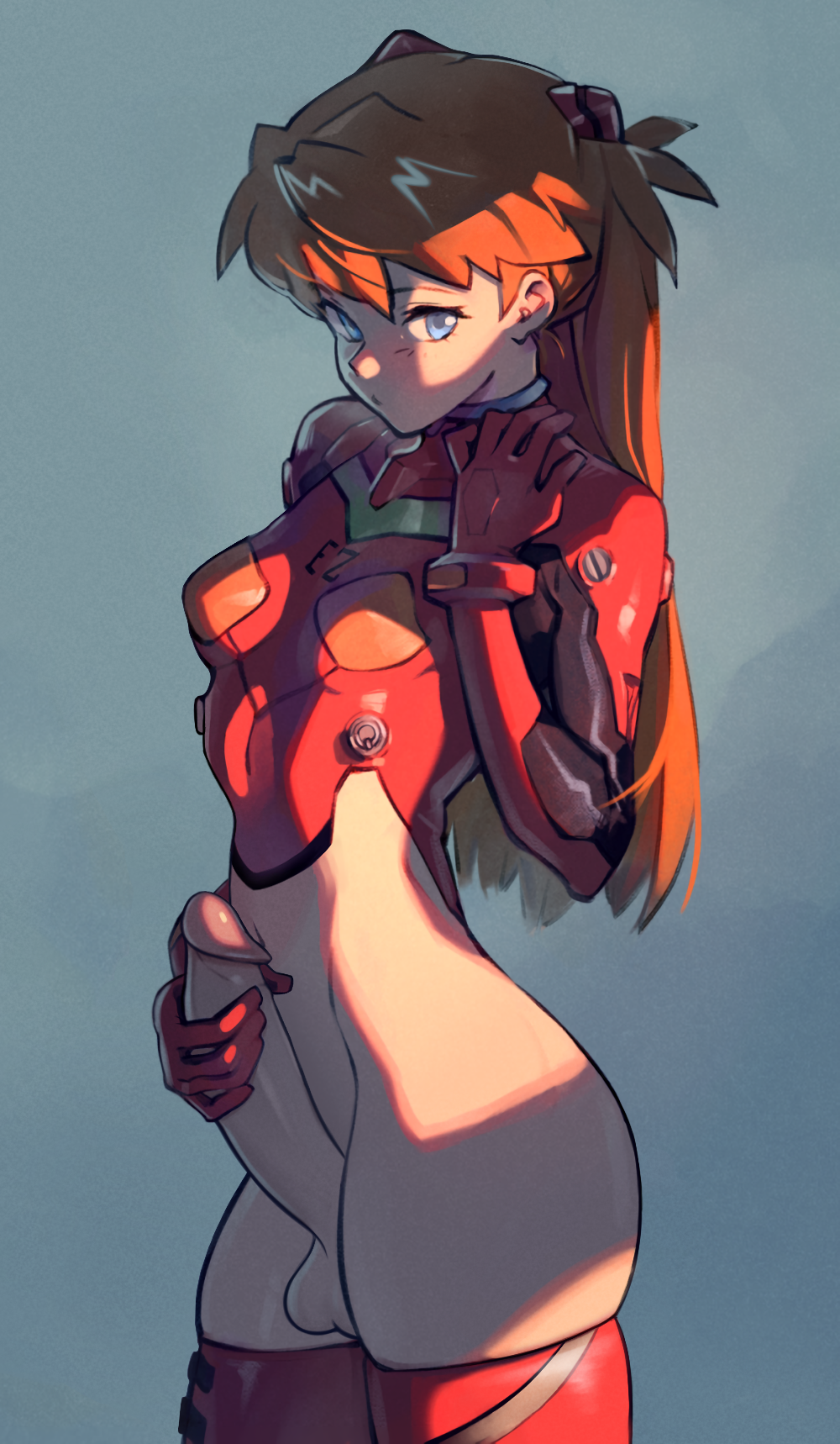 1futa, asuka langley sohryu, big penis, blue eyes, blush, bottomless, brown hair, clothed, clothing, edit, edited, erection, futa only, futanari, futmad (editor), grey background, hand on penis, huge cock, human, intersex, light blush, light skin, light-skinned futa, long hair, looking at viewer, navel, neon genesis evangelion, no panties, optionaltypo, partially clothed, penis, plugsuit, red legwear, solo, standing, stockings, thighhighs