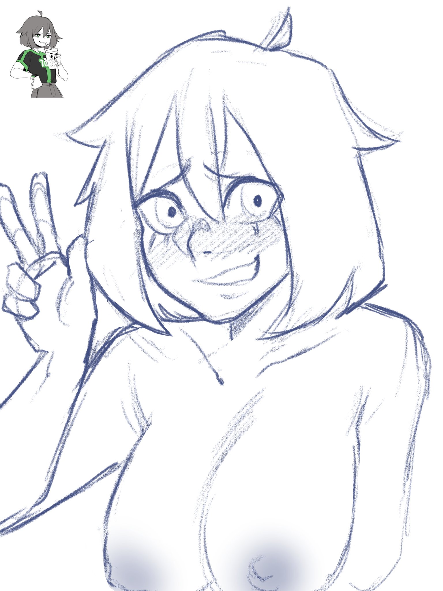 1girls, ben 10, ben tennyson, breasts, female, female ben, female only, genderswap, genderswap (mtf), huge breasts, kamii momoru, large breasts, megaboobas (artist), monochrome, nipples, nude, nude female, rule 63, short hair, solo, solo female, upper body, v