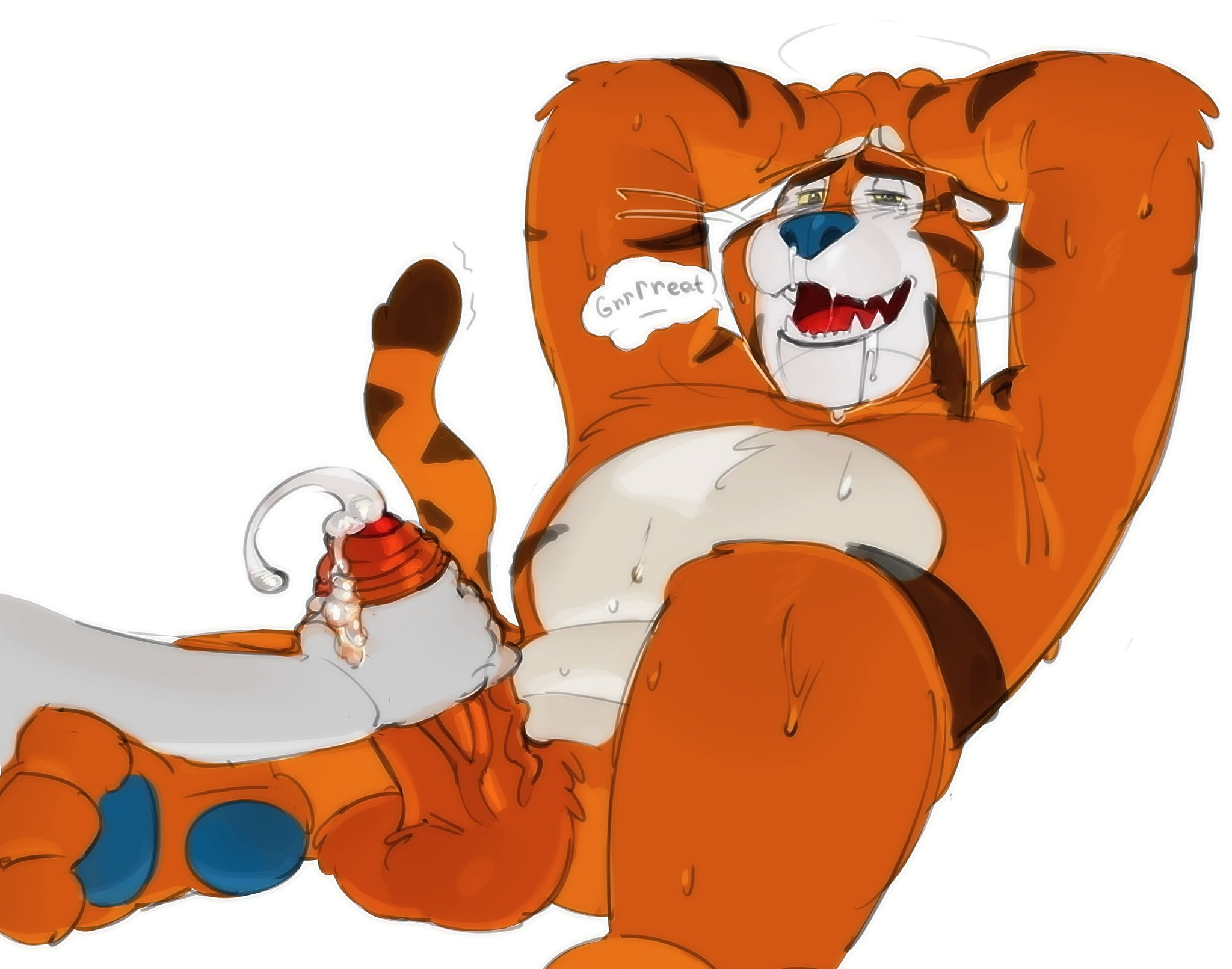 1boy, anthro, balls, cum, drooling, ejaculation, foreskin, fur, furry, gay, gay male, handjob, kogito, male, male only, masturbation, muscular, muscular male, nude, offscreen character, offscreen male, penis, speech bubble, text, tony the tiger, uncircumcised, uncut, veiny penis, yaoi