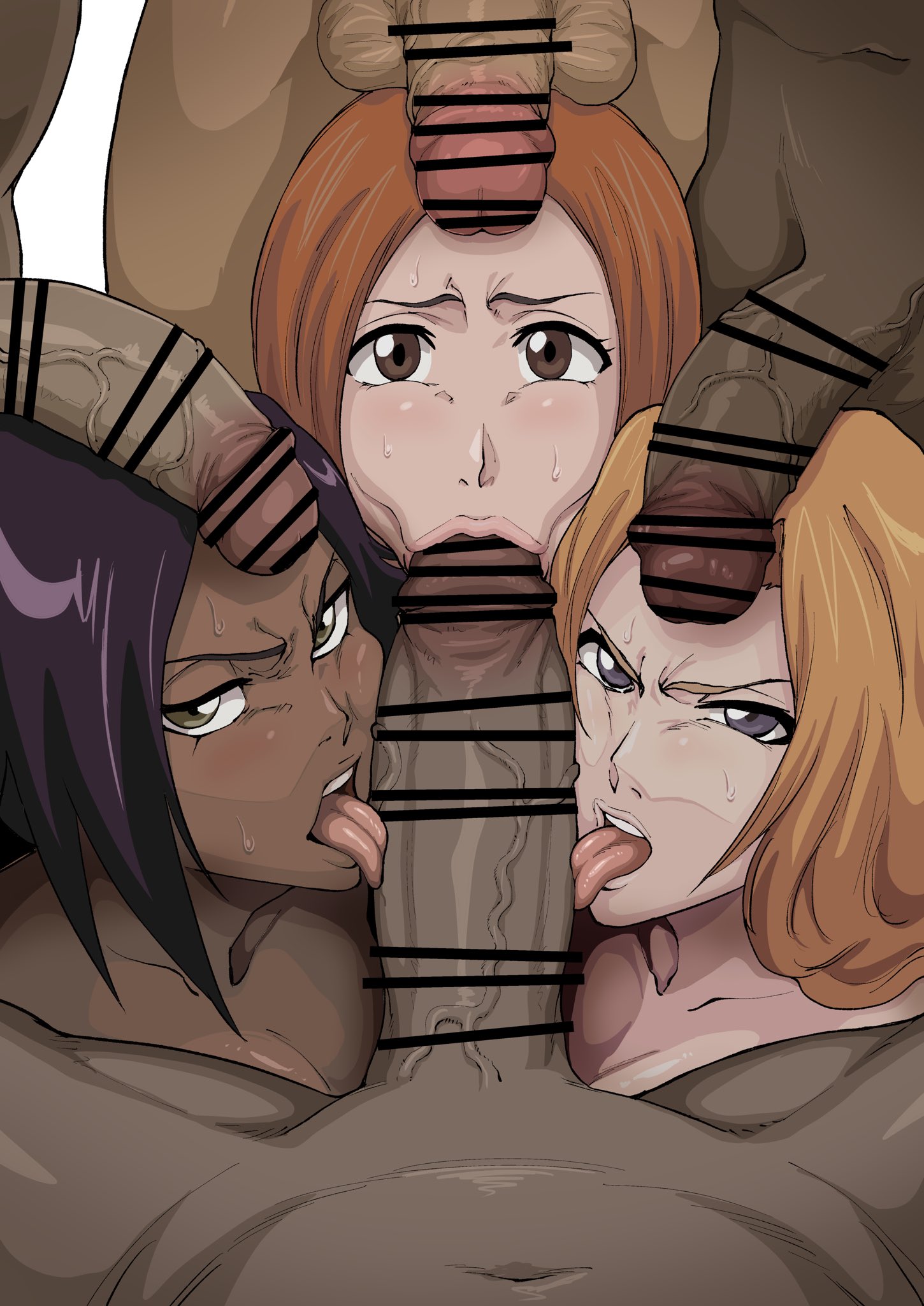 :>=, 2023, 3girls, 4boys, alternate version available, angry, angry dragon, angry expression, angry eyes, angry face, balls, big penis, black hair, bleach, bleach: the thousand-year blood war, blonde, blonde female, blonde hair, blowbang, blowjob, blowjob face, blue eyes, bondage, brown eyes, censored, collaborative fellatio, dark skin, dark-skinned female, dark-skinned male, dubious consent, eye contact, face focus, fellatio, female, forced oral, hi res, high resolution, highres, huge cock, inoue orihime, interracial, iwao178, large balls, large penis, large penis veins, licking, licking balls, licking penis, light skin, light-skinned female, lips, long hair, looking at viewer, male, male pov, matsumoto rangiku, multiple boys, multiple girls, multiple penises, naked, naked female, naked male, open mouth, oral, oral sex, orange hair, penis, penis on head, penis out, pov, pov blowjob, pov eye contact, pubes, pubic hair, purple hair, rape, red hair, saliva, saliva trail, shihouin yoruichi, short hair, slave, sloppy blowjob, sloppy fellatio, steam, steaming body, steamy breath, steamy penis, sucking, sucking penis, surrounded by penises, sweat, sweatdrop, sweaty, sweaty face, teeth, testicles, thick lips, thick penis, tongue, tongue out, unseen male face, vein, veins, veiny, veiny penis, very long hair, wet, yellow eyes