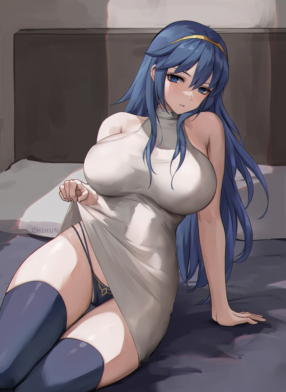 1girls, arm support, bare arms, bare shoulders, blue eyes, blue hair, blue panties, breasts, chihunhentai, clothes lift, dress, dress lift, female, female only, fire emblem, fire emblem awakening, highres, indoors, large breasts, lifted by self, long hair, looking at viewer, lucina (fire emblem), nintendo, on bed, panties, sidelocks, sitting, skirt lift, sleeveless, solo, thighhighs, thighs, tiara, underwear, upskirt