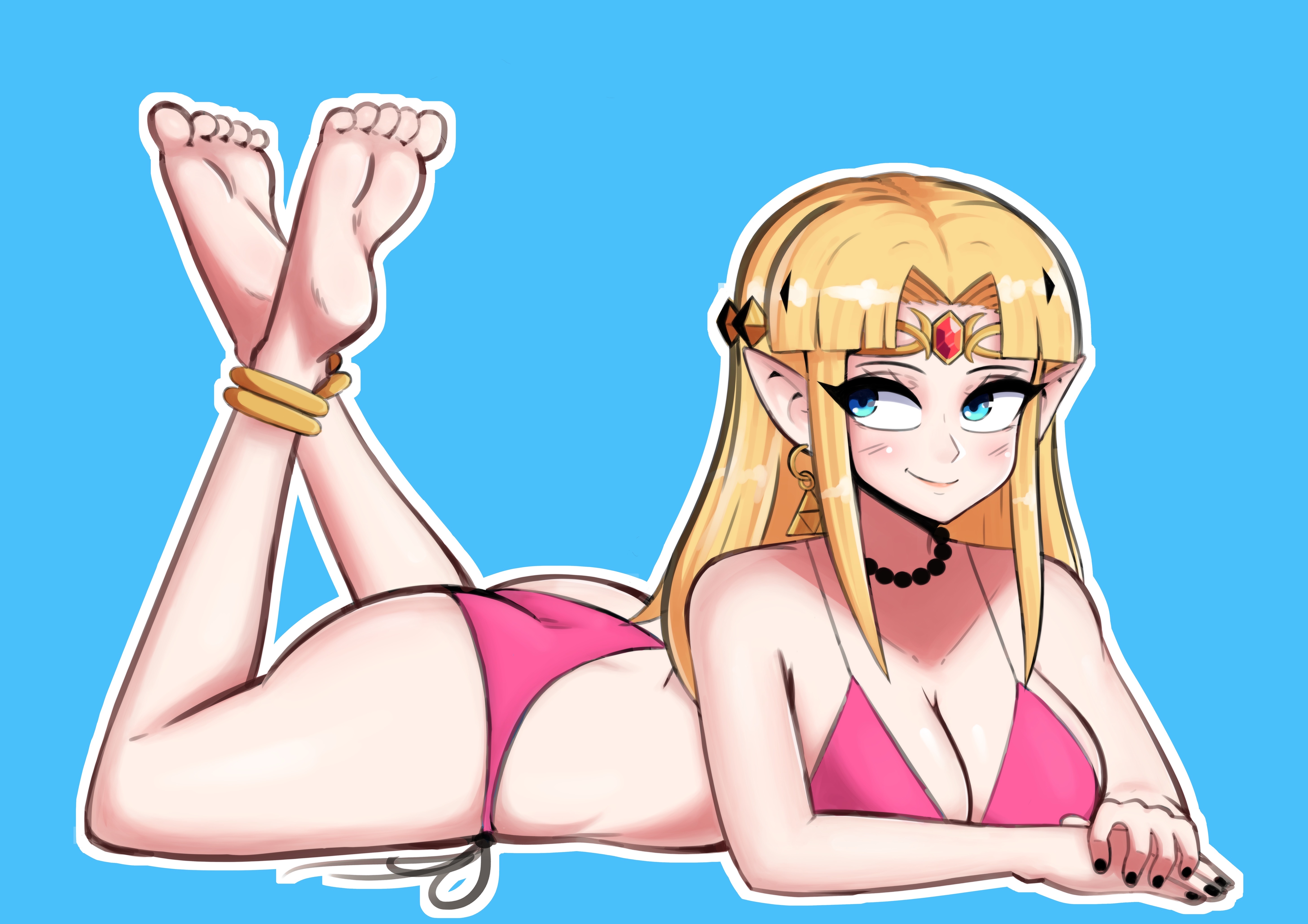 1girls, a link to the past, big breasts, bikini, blonde hair, blue eyes, breasts, busty, cleavage, elf, feet, female, female only, jpeg, keykeas98, large breasts, legs, long hair, lying, nintendo, on stomach, pink bikini, pointy ears, pose, posing, princess, princess zelda, smile, string bikini, the legend of zelda, the pose, thighs, voluptuous, zelda (a link between worlds), zelda (a link to the past)