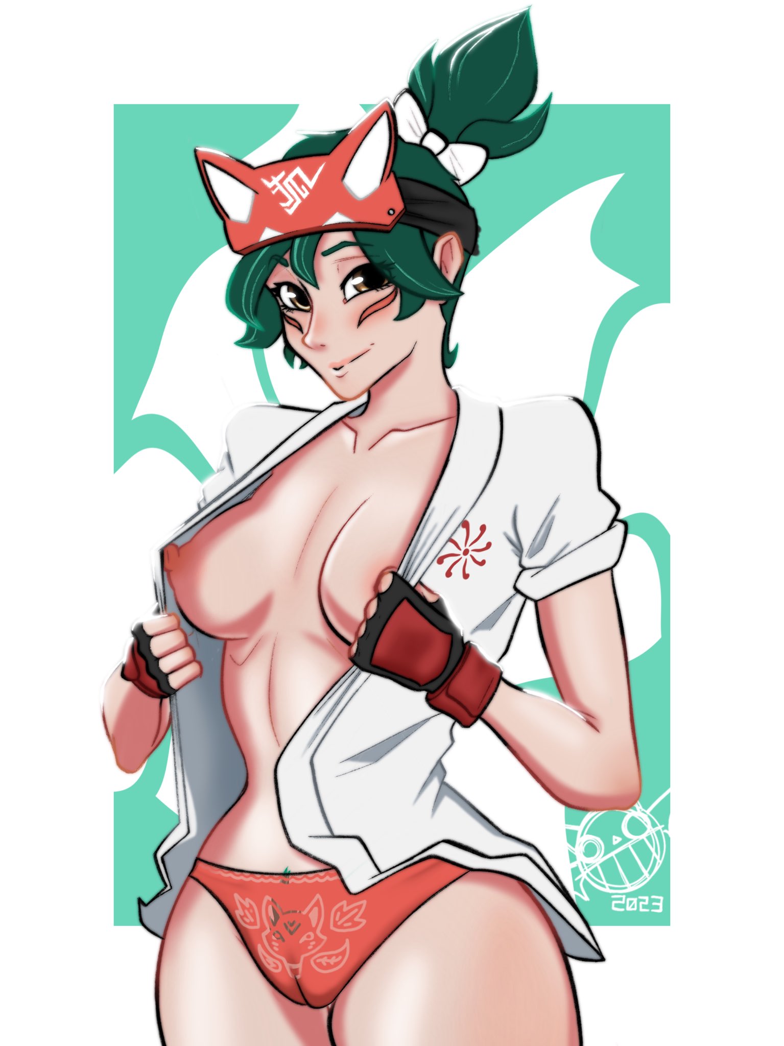 1girls, blizzard entertainment, breasts, brown eyes, cameltoe, facial markings, female, female only, fox mask, green hair, green pubic hair, headband, kiriko (overwatch), medium breasts, nipple slip, nipples, overwatch, overwatch 2, panties, pubes, pubic hair, pubic hair peek, pussy, red panties, short hair, skullbats, taking clothes off, underwear