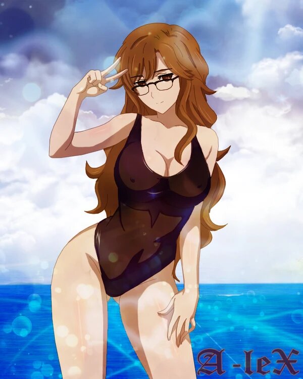 a-lex background_sky beach big_breasts brown_hair curvy_figure female_only glasses kiryuu_moeka long_hair nipples_visible_through_clothing nitroplus sea solo steins;gate swimsuit