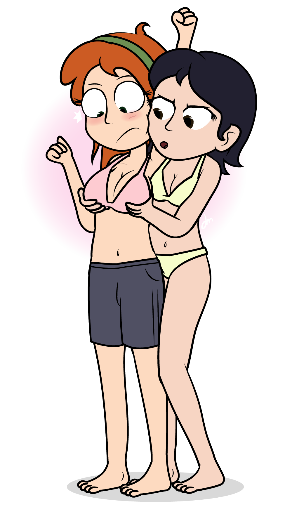 2girls black_hair bra dm29 green_hairband groping groping_breasts groping_from_behind light-skinned_female long_hair multiple_girls orange_hair orange_hair_female pale-skinned_female panties pink_bra sandra_tang short_hair trudy_lin yours_trudy