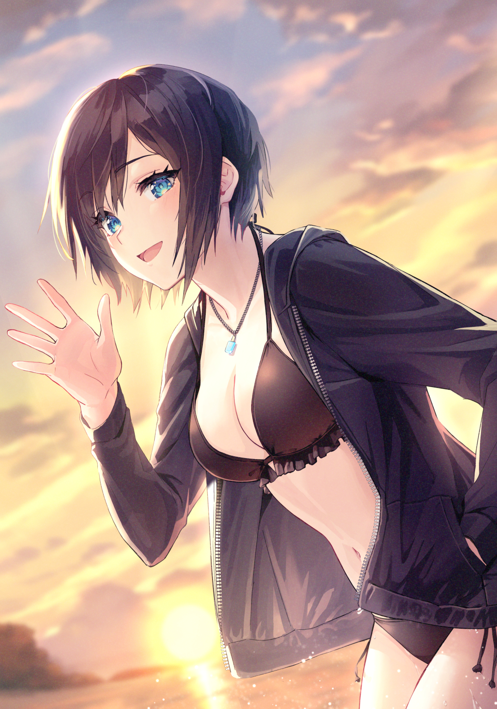 1girls, background, beach, belly, belly button, bikini, bikini bottom, bikini top, black bikini, black hair, black-haired female, blue eyes, blush, cleavage, clouds, female, happy, kingdom hearts, looking at viewer, midriff, necklace, short hair, sky, sun, sunset, waving, waving at viewer, xion