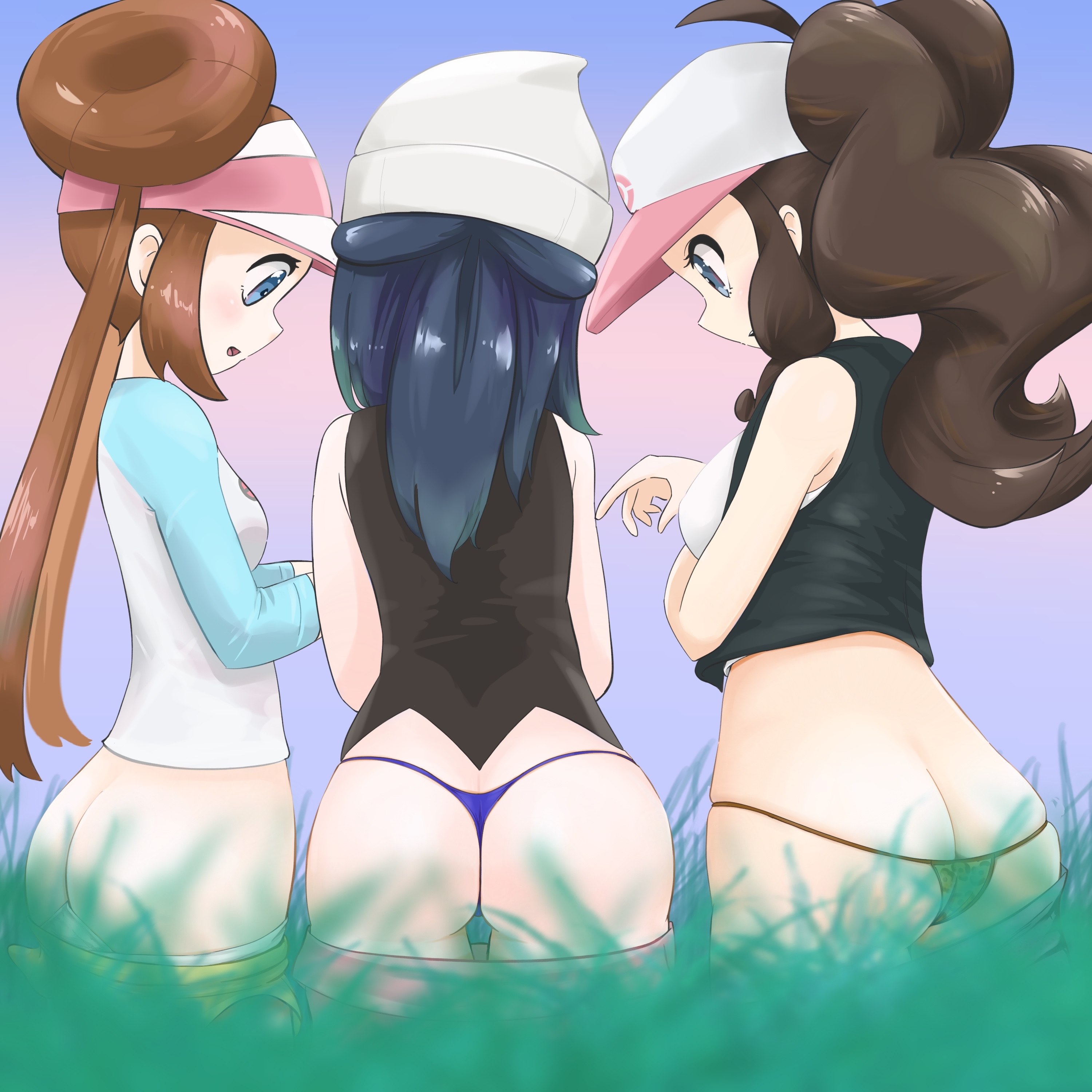 3girls, ass, ass cleavage, ass crack, back view, butt crack, dawn (pokemon), female, female only, hilda (pokemon), human, human only, long hair, microsd (artist), multiple females, multiple girls, panties, pants down, pokemon, pokemon bw, pokemon bw2, pokemon dppt, ponytail, rosa (pokemon)