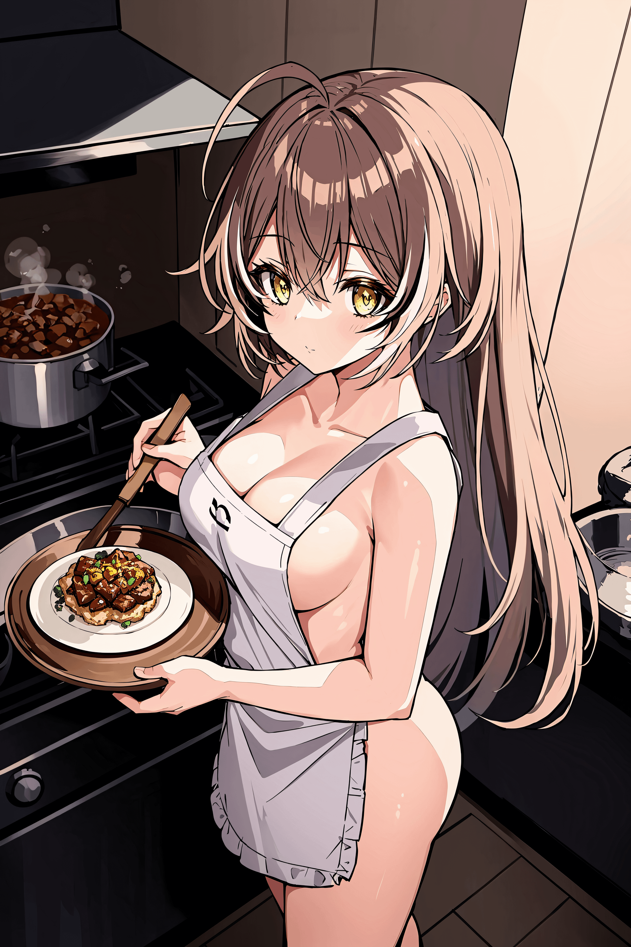 1girls, ai generated, amber eyes, apron, brown hair, cooking, female, hololive, hololive english, hololive english -council-, hololive english -promise-, kitchen, looking at viewer, naked apron, nanashi mumei, solo, solo female, stable diffusion, standing, virtual youtuber, white apron