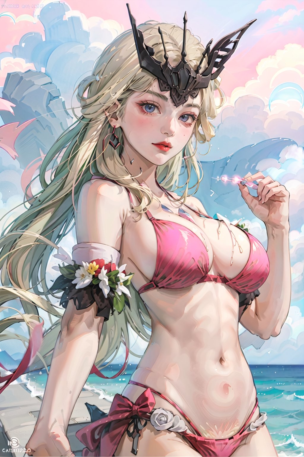 1girls, ai generated, bikini, blonde hair, breasts, curvaceous, curvy body, curvy female, curvy figure, female, female focus, female only, genshin impact, hi res, huge breasts, mihoyo, seductive look, signora (genshin impact), solo, solo female, stable diffusion