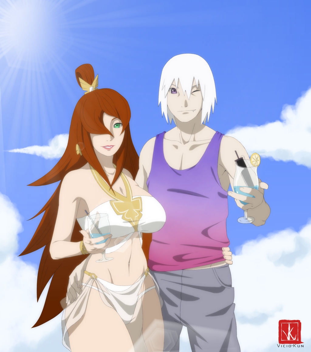 1boy 1girls age_difference alternate_costume big_breasts bikini boruto:_naruto_next_generations breasts brown_hair center_opening curvaceous curvy curvy_figure drink earrings female glass green_eyes height_difference holding_object hozuki_suigetsu jewelry large_breasts lipstick makeup male male/female mature mature_female mature_woman mei_terumi midriff naruto naruto_(series) naruto_shippuden oerba_yun_fang older_female one_eye_closed outdoors purple_eyes revealing_swimsuit sharp_teeth shorts smaller_male smile sunlight swimsuit taller_male tank_top tied_hair topknot vicio-kun voluptuous voluptuous_female waist_grab white_hair wide_hips wink younger_male