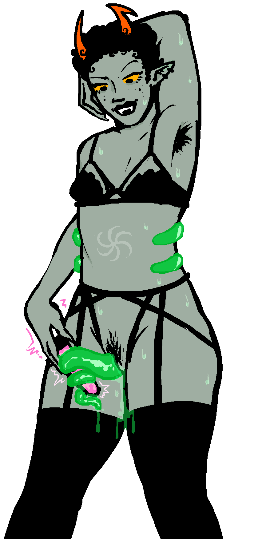 bra colored_cum cum cum_drip dripping dripping_cum fangs hairy_armpits homestuck horns kanaya_maryam karkatfucks lingerie masturbation piercings pointy_ears pubic_hair scar sex_toy standing sweating tentabulge tentacle tentacle_dick tentacle_penis thighhighs vibrator