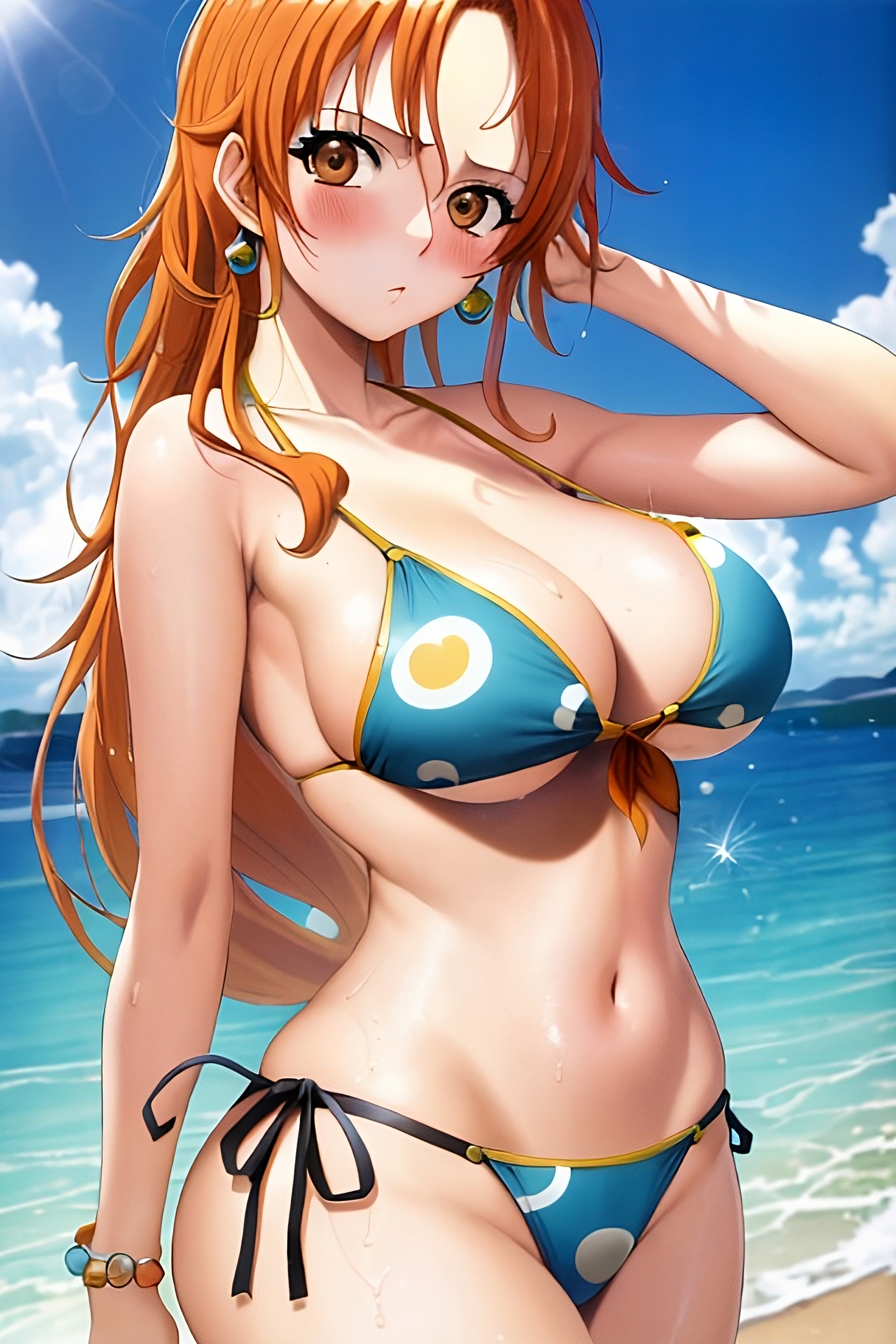 ai generated, artist request, beach, bikini, blush, breasts, brown eyes, female, female only, large breasts, long hair, looking at viewer, nami (one piece), one piece, orange hair, post-timeskip, standing
