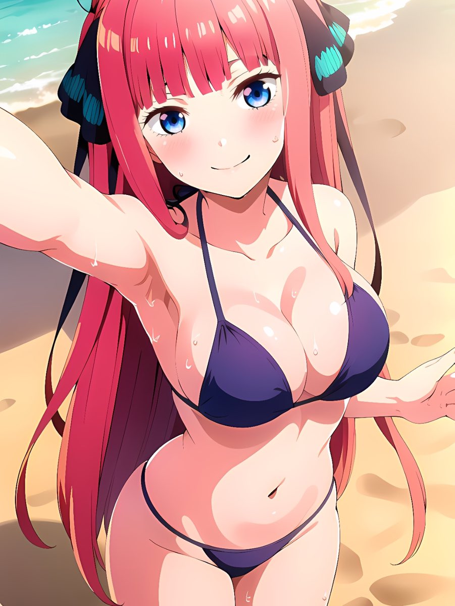 1girls, ai generated, arm up, armpits, beach, big breasts, bikini, blue eyes, breasts, busty, cleavage, female, female only, go-toubun no hanayome, large breasts, legs, long hair, looking at viewer, nakano nino, navel, ocean, pink hair, smile, solo, sweat, thighs, voluptuous, water