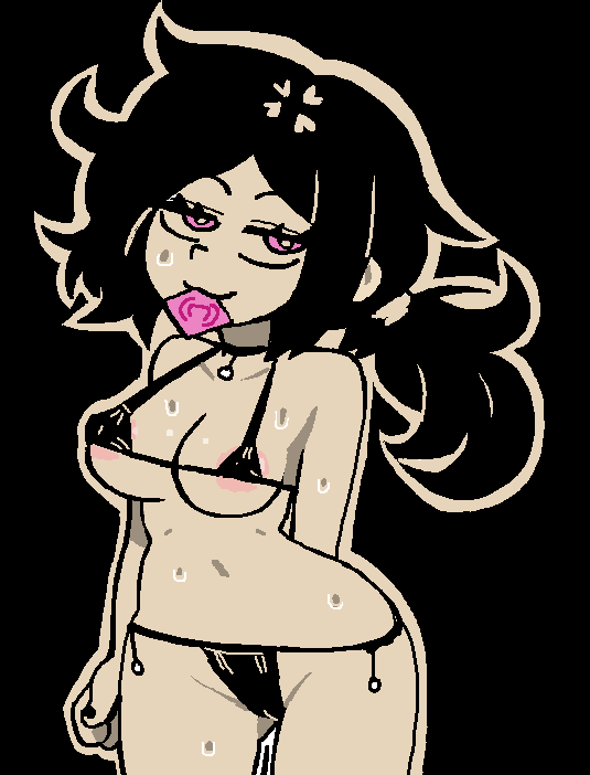 1girls, areolae, areolae slip, artist request, ashley graves, black hair, black nails, bra, choker, condom, condom in mouth, condom wrapper, drawfag, female, g-string, long hair, midriff, monochrome, navel, panties, pink eyes, ponytail, seductive, seductive look, seductive smile, solo, sweat, the coffin of andy and leyley, thighs, thong, underwear