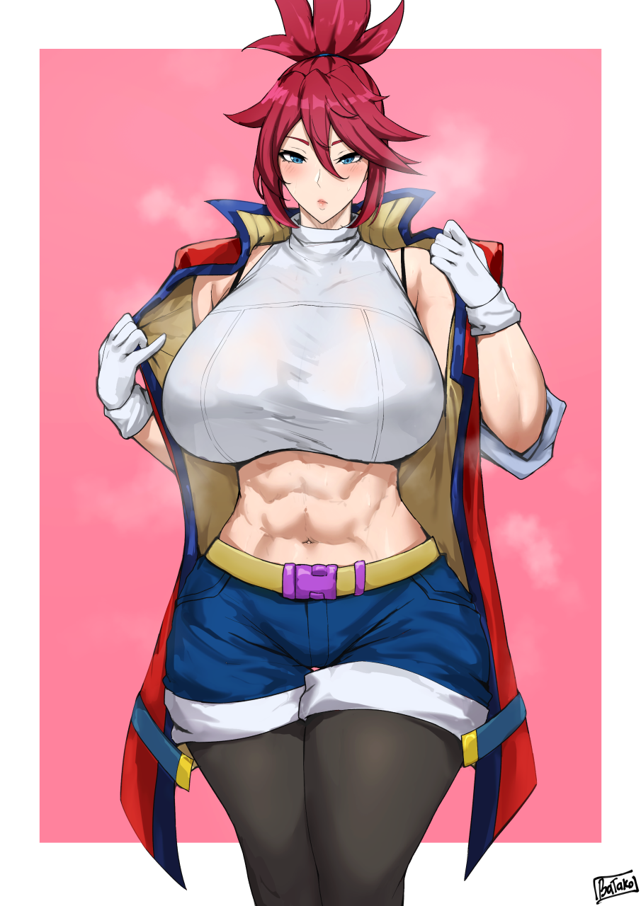 1girls, abs, batako, blue eyes, blush, breasts, female, female only, gloves, hi-fi rush, huge breasts, korsica, looking at viewer, muscular, muscular female, open clothes, open jacket, pantyhose, red hair, red jacket, shorts, steam, steaming body, tights, tomboy, wide hips