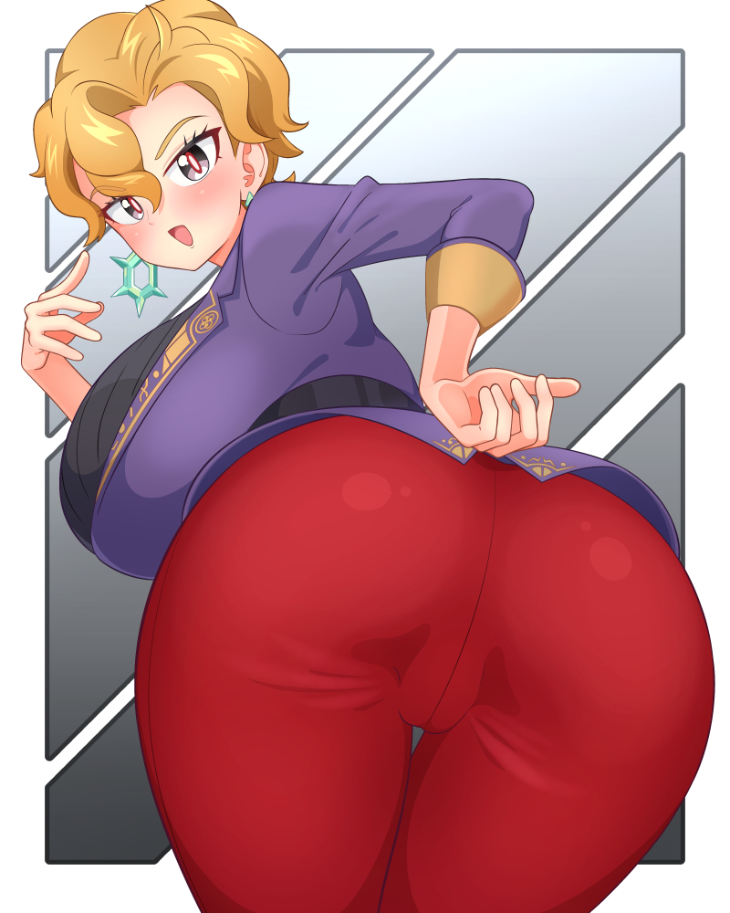 1girls alternate_version_available ass ass_focus big_ass big_breasts black_eyes blonde_hair bottomwear breasts briar_(pokemon) clothing dat_ass ear_piercing earrings female female_only game_freak hair huge_ass huge_breasts kevin.g.tuck looking_back mature mature_female mature_woman pants pokemon pokemon_sv red_pants short_hair solo solo_female thighs topwear