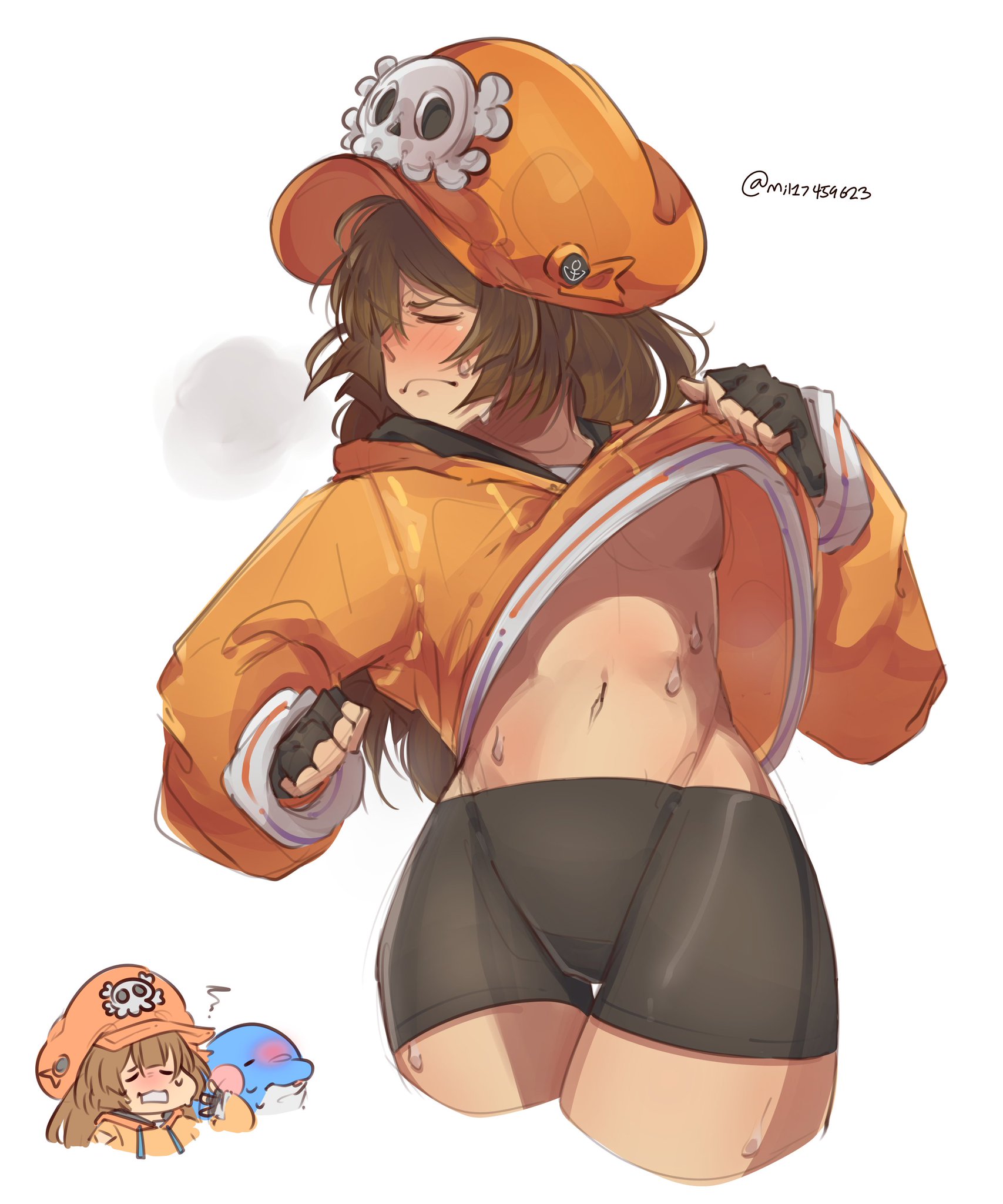 1animal, 1girls, artist name, belly button, bike shorts, blush, brown hair, cap, dolphin, embarrassed, female, fingerless gloves, gloves, guilty gear, guilty gear strive, hat, light skin, light-skinned female, may (guilty gear), mil17459623, mr.dolphin (guilty gear), nose blush, sweat, sweater, sweater lift, white background