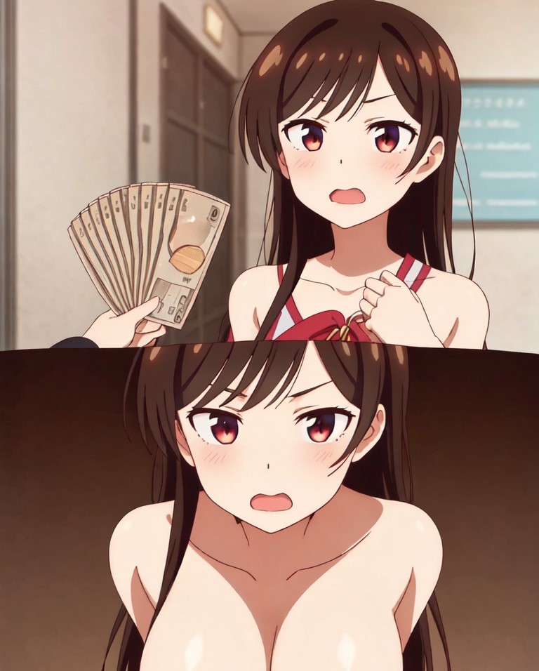 1girls, ai generated, before and after, blush, breasts, brown hair, clothed female, female, kanojo okarishimasu, large breasts, looking at viewer, mizuhara chizuru, money, nude, nude female, open mouth, prostitution, young